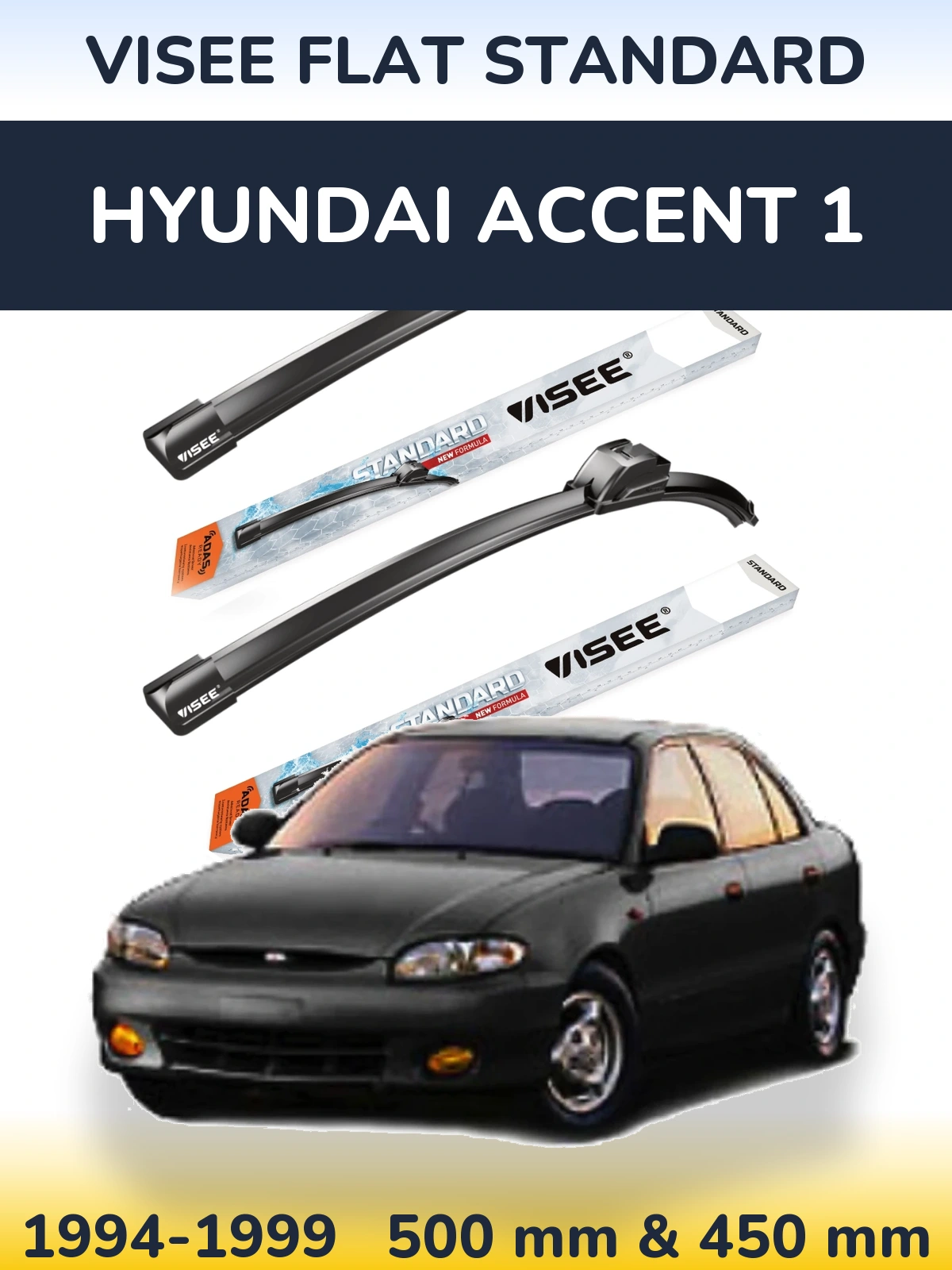 Комплект передних дворников VISEE FLAT STANDARD 500 & 450 мм для Hyundai Accent 1 1994-1999