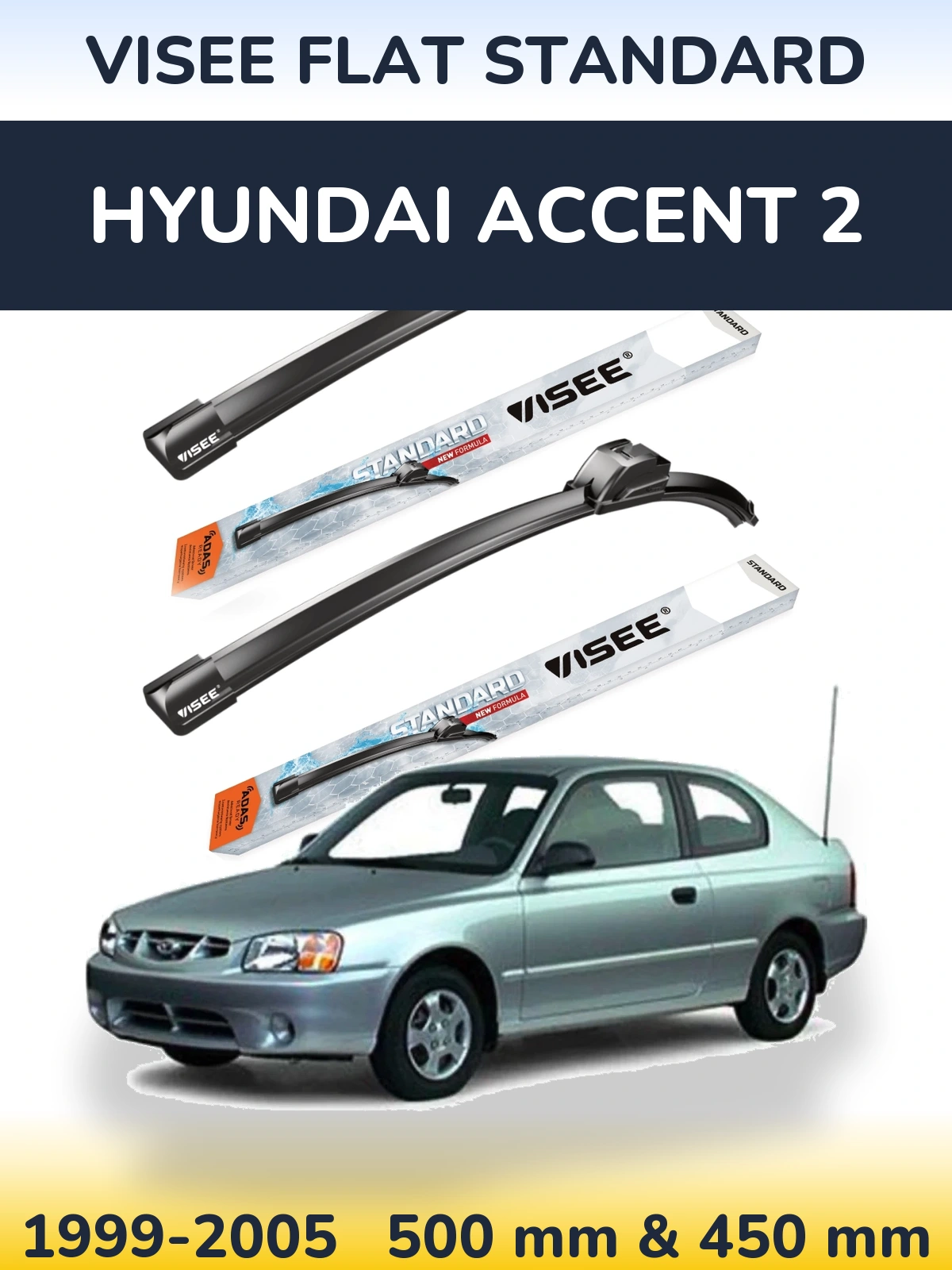 Комплект передних дворников VISEE FLAT STANDARD 500 & 450 мм для Hyundai Accent 2 1999-2005