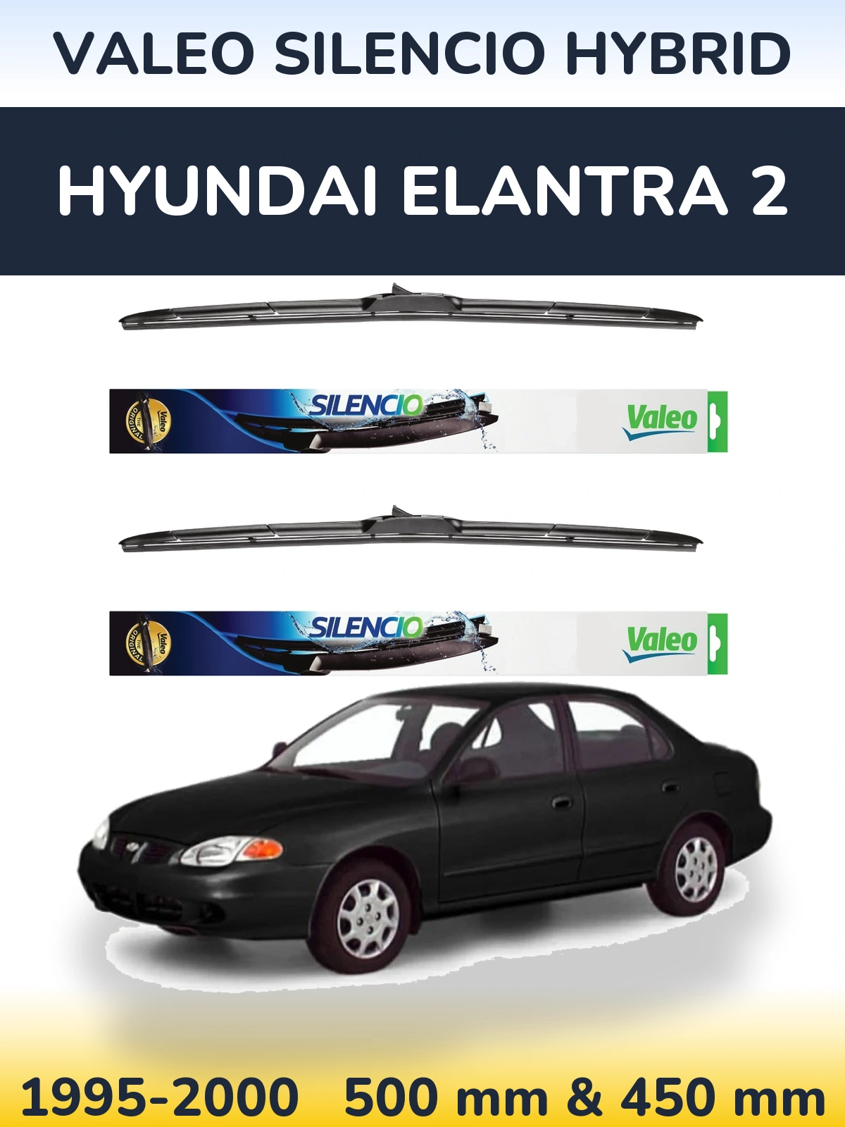 Komplet przednich wycieraczek Valeo Silencio Hybrid 500 & 450 mm do Hyundai Elantra 2 1995-2000