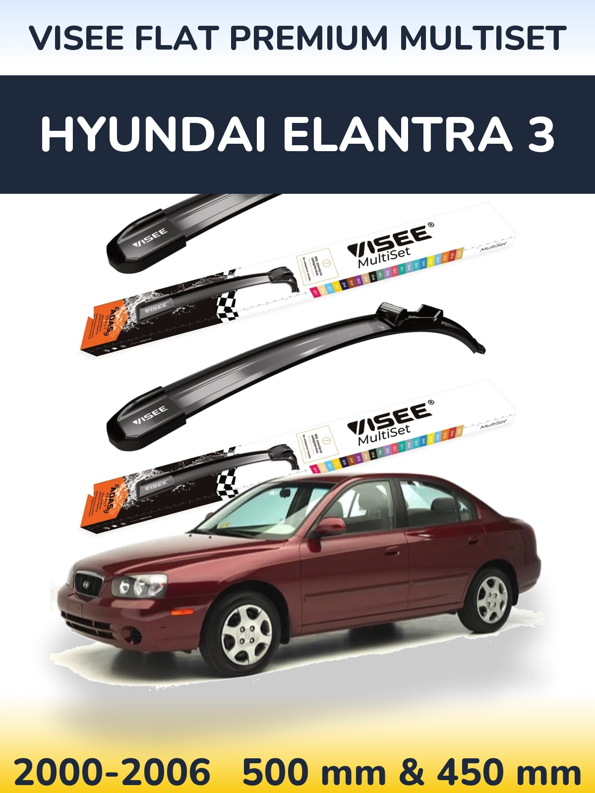Комплект передних дворников VISEE FLAT PREMIUM MultiSet 500 & 450 мм для Hyundai Elantra 3 2000-2006