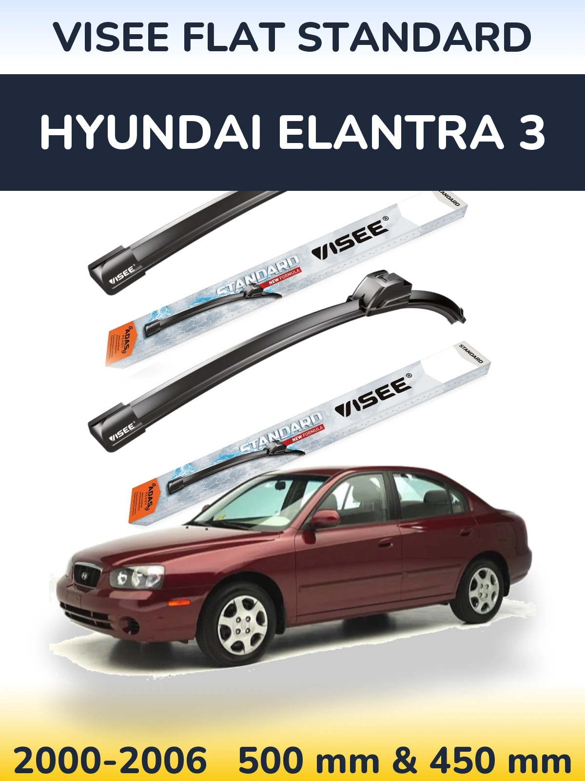 Комплект передних дворников VISEE FLAT STANDARD 500 & 450 мм для Hyundai Elantra 3 2000-2006