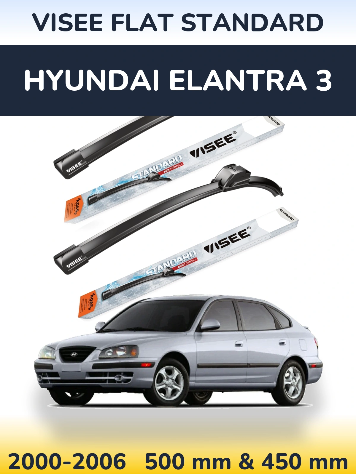 Комплект передних дворников VISEE FLAT STANDARD 500 & 450 мм для Hyundai Elantra 3 2000-2006