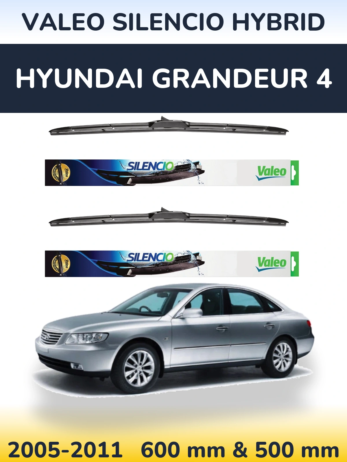 Front wiper blade set Valeo Silencio Hybrid 600 & 500 mm for Hyundai Grandeur 4 2005-2011