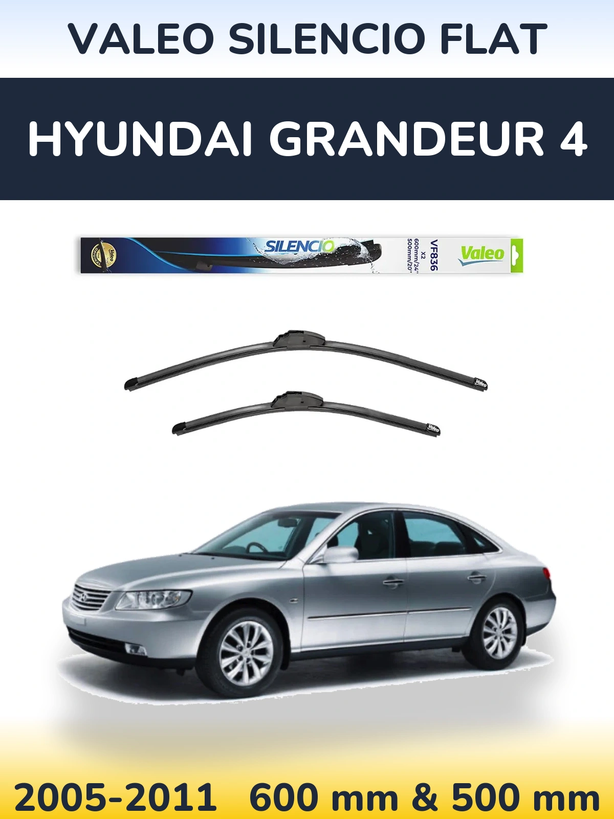 Komplet przednich wycieraczek Valeo Silencio Flat 600 & 500 mm do Hyundai Grandeur 4 2005-2011