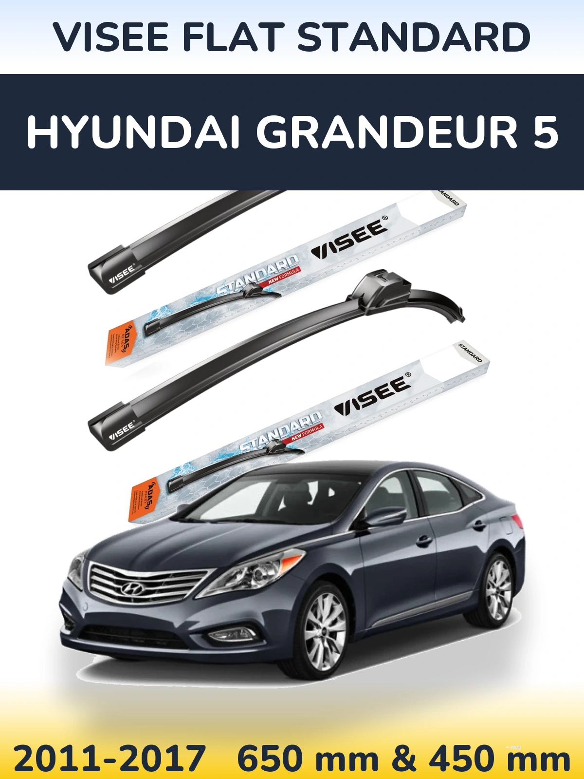 Комплект передних дворников VISEE FLAT STANDARD 650 & 450 мм для Hyundai Grandeur 5 2011-2017
