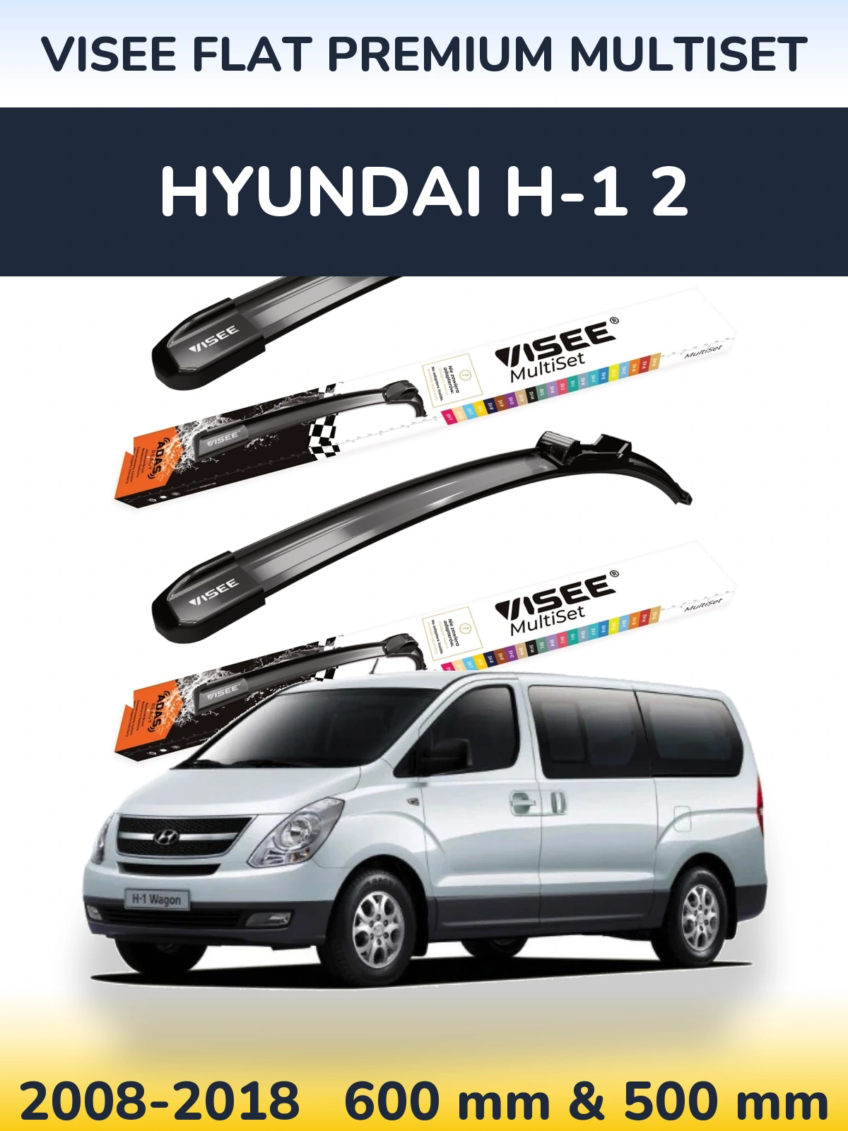 Комплект передних дворников VISEE FLAT PREMIUM MultiSet 600 & 500 мм для Hyundai H-1 2 2008-2018
