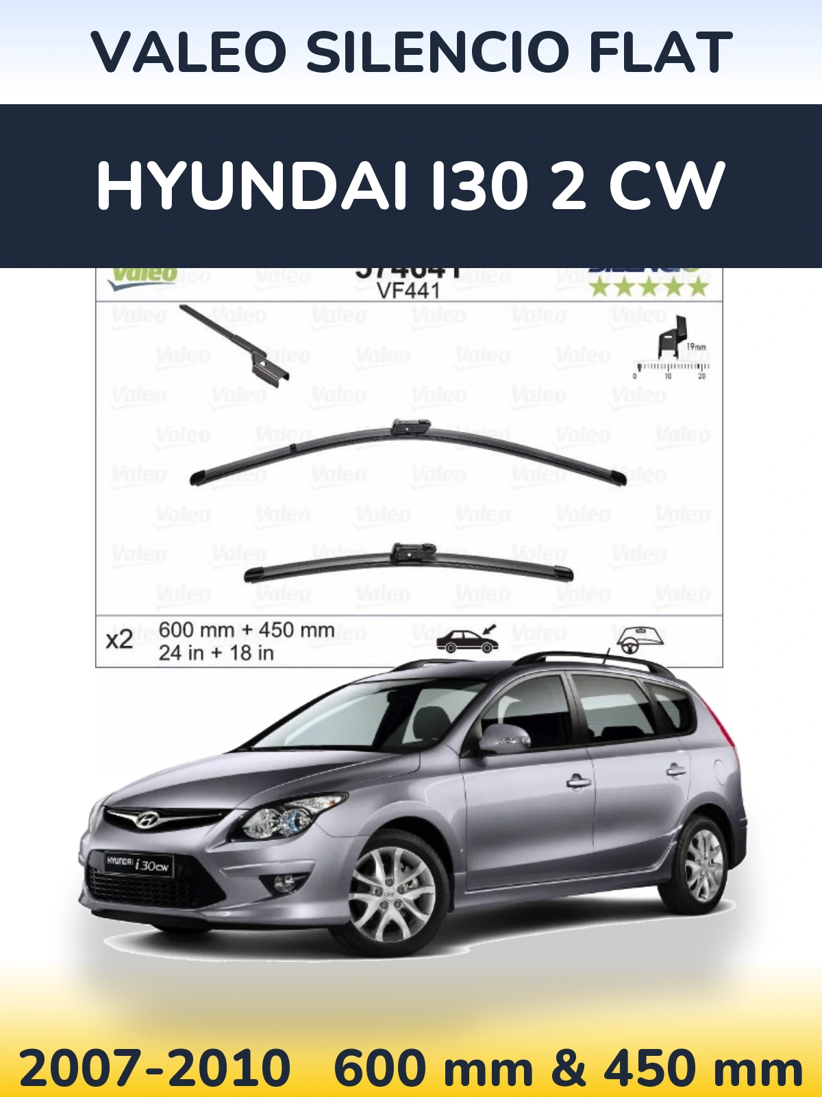 Komplet przednich wycieraczek Valeo Silencio Flat 600 & 450 mm do Hyundai i30 2 CW 2007-2010