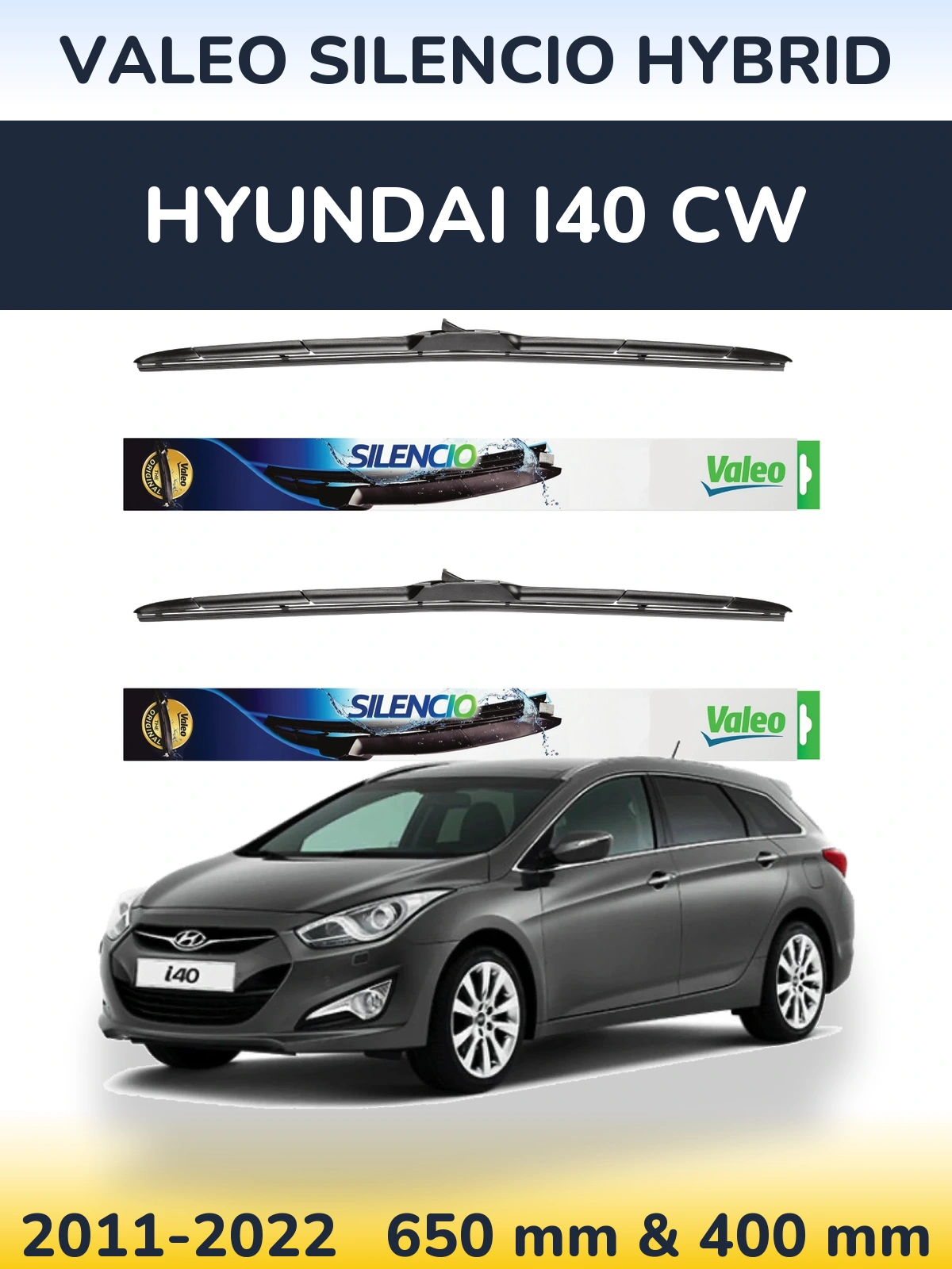 Komplet przednich wycieraczek Valeo Silencio Hybrid 650 & 400 mm do Hyundai i40 CW 2011-2022
