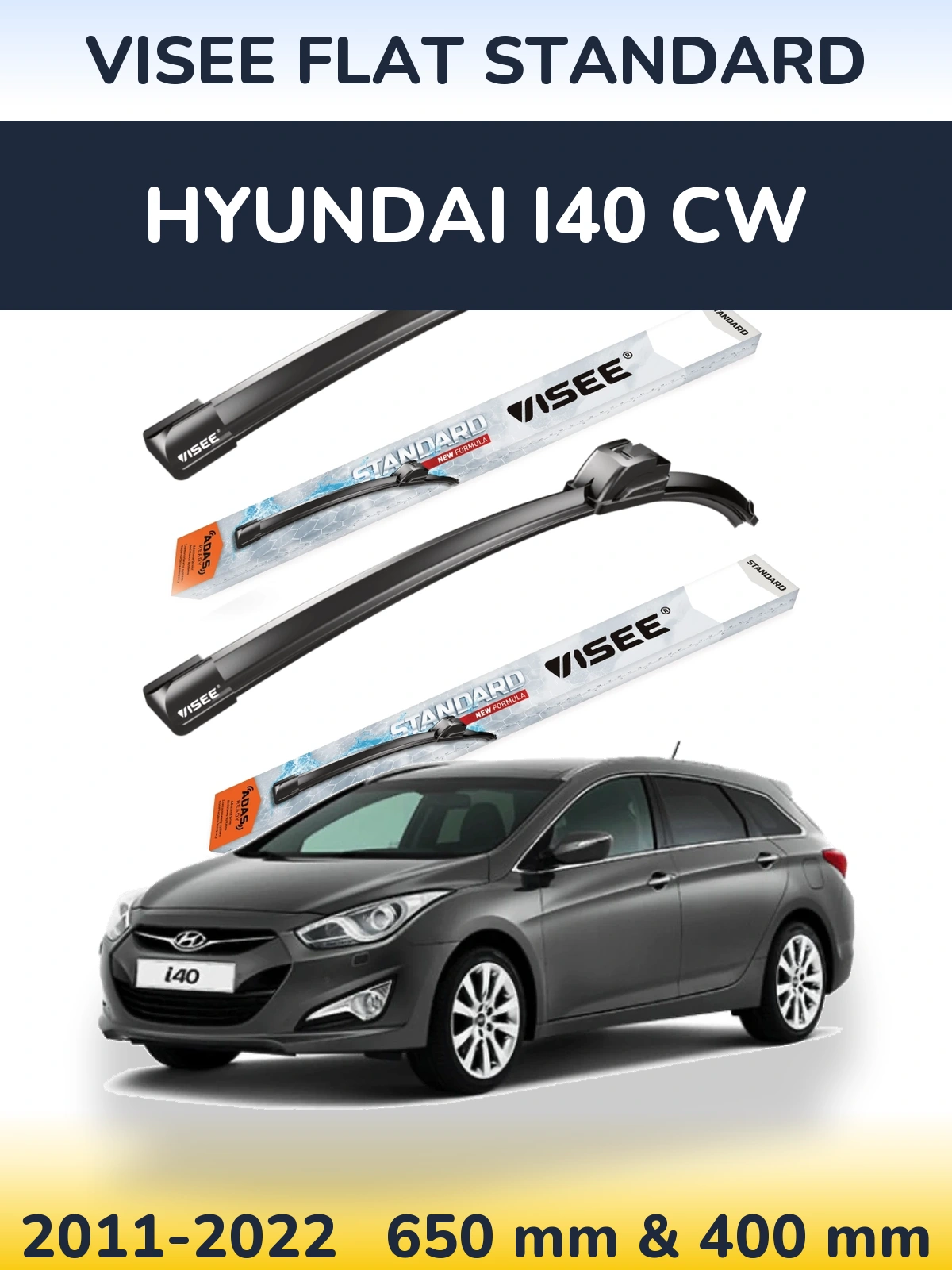 Комплект передних дворников VISEE FLAT STANDARD 650 & 400 мм для Hyundai i40 CW 2011-2022