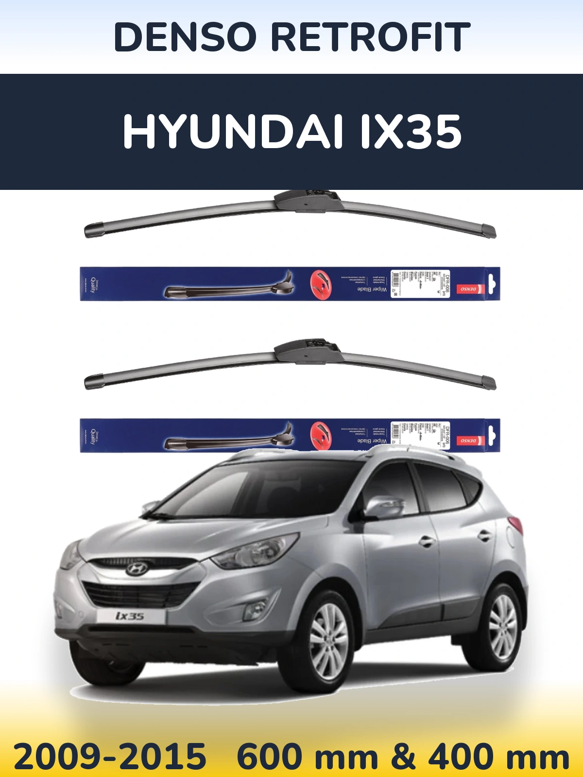Front wiper blade set Denso Retrofit 600 & 400 mm for Hyundai ix35 2009-2015