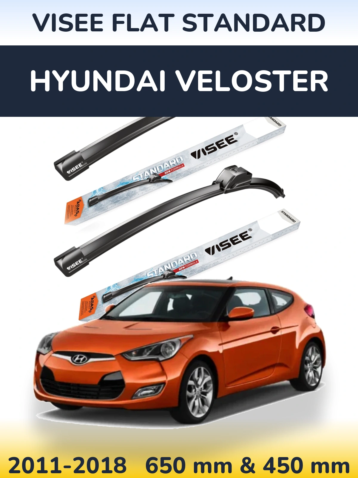 Комплект передних дворников VISEE FLAT STANDARD 650 & 450 мм для Hyundai Veloster 2011-2018