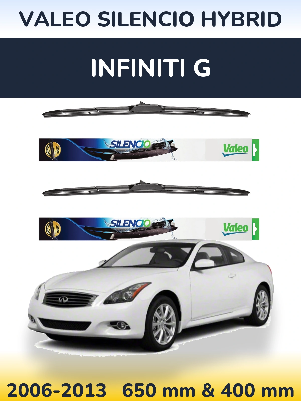 Front wiper blade set Valeo Silencio Hybrid 650 & 400 mm for Infiniti G 2006-2013
