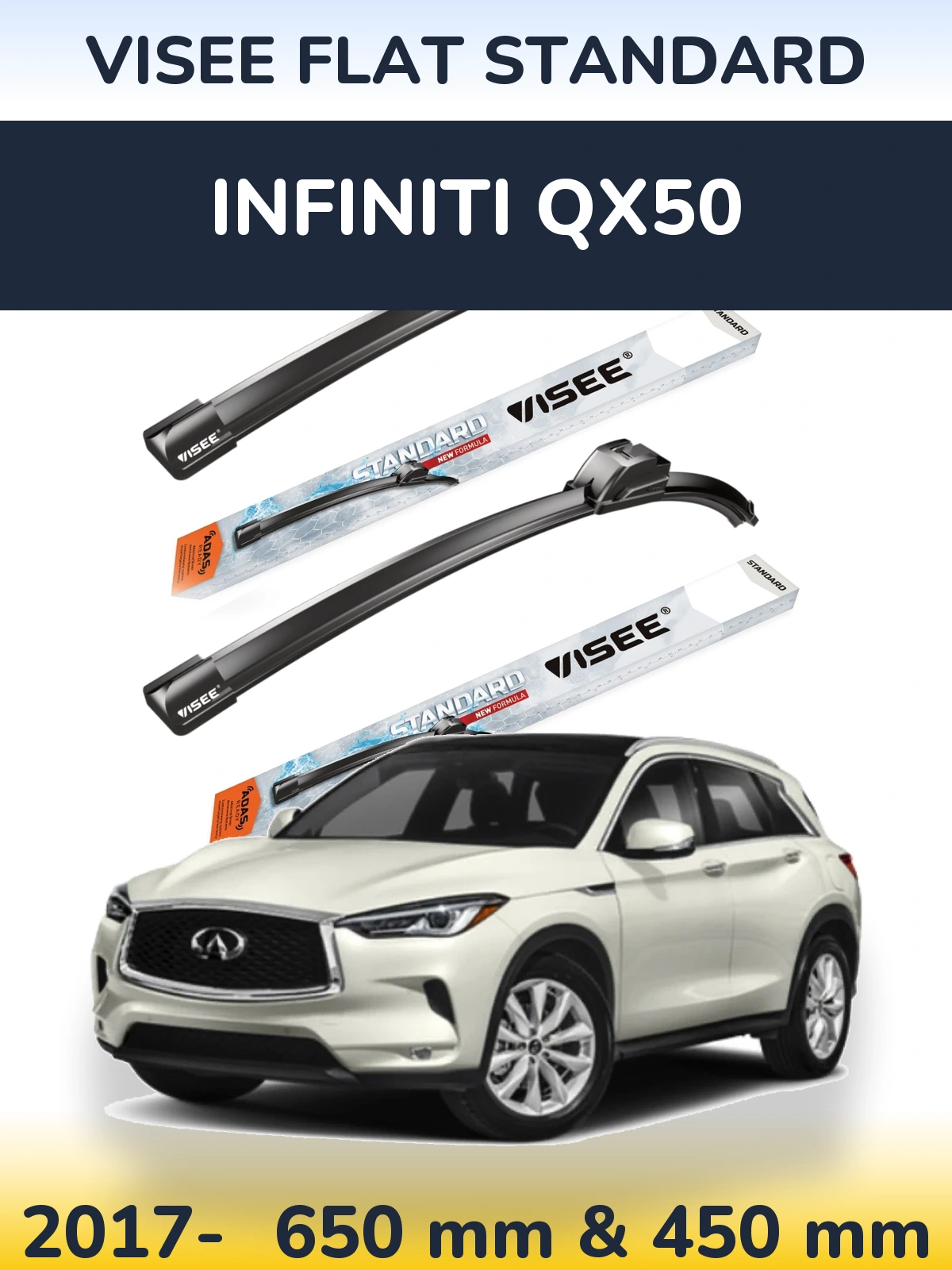 Komplet przednich wycieraczek VISEE FLAT STANDARD 650 & 450 mm do Infiniti QX50 2017-2026