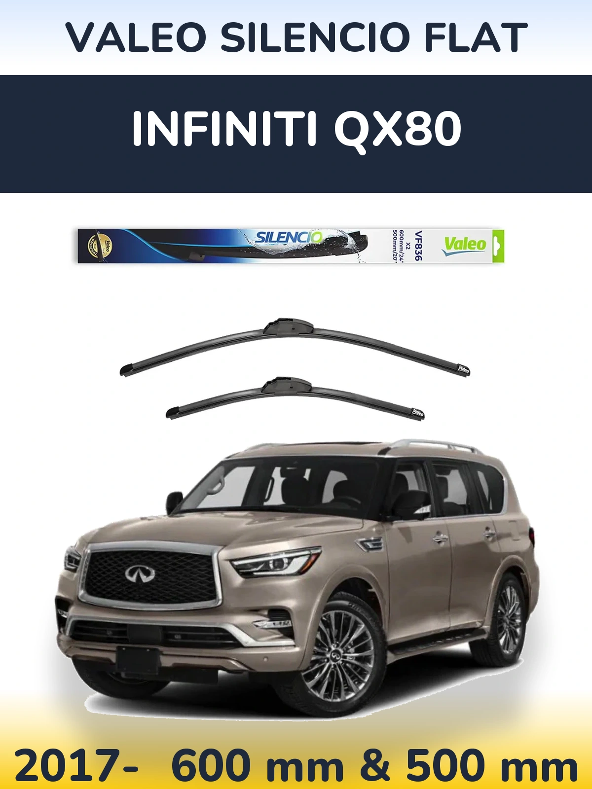 Komplet przednich wycieraczek Valeo Silencio Flat 600 & 500 mm do Infiniti QX80 2017-2026