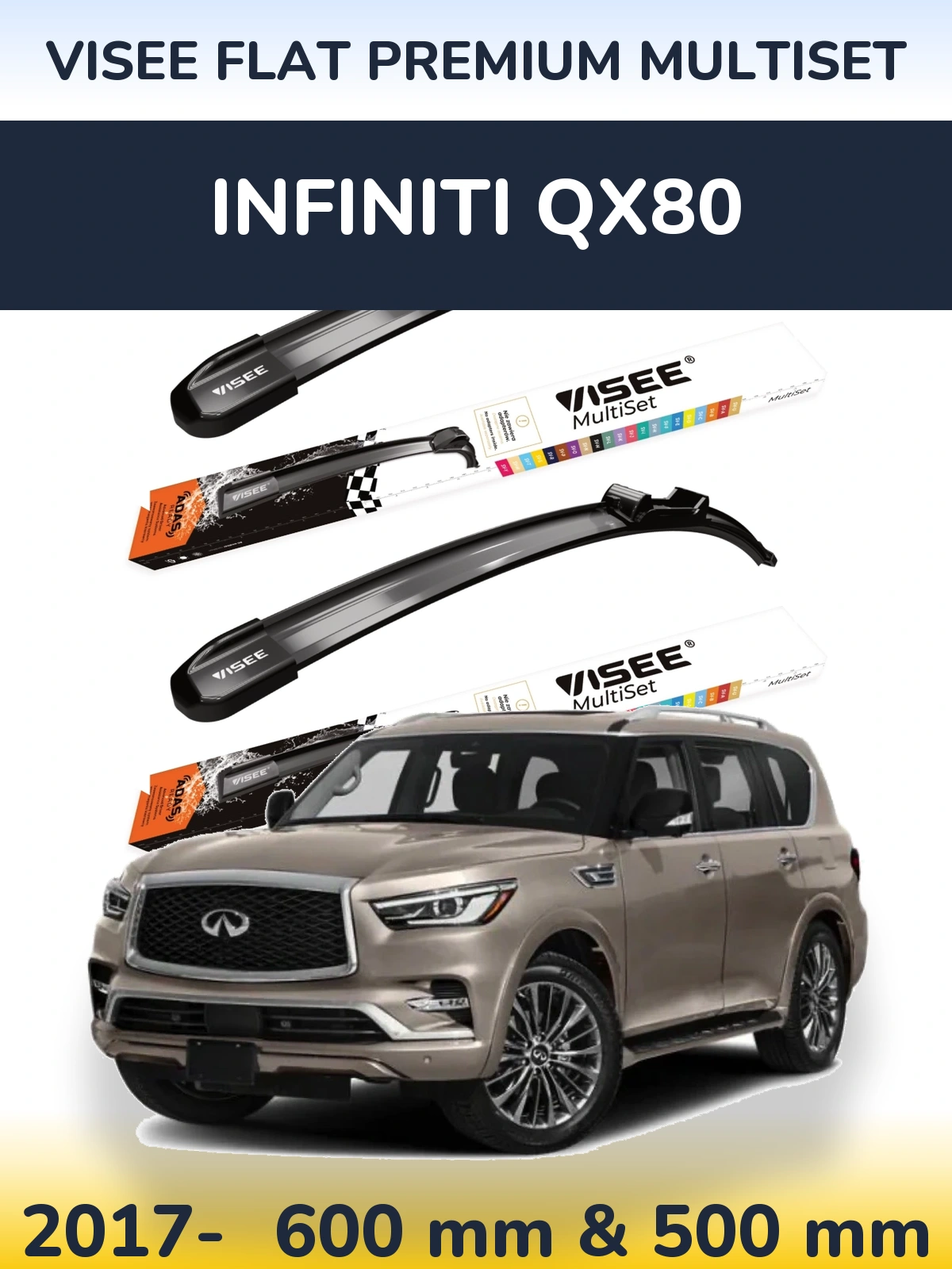 Komplet przednich wycieraczek VISEE FLAT PREMIUM MultiSet 600 & 500 mm do Infiniti QX80 2017-2026
