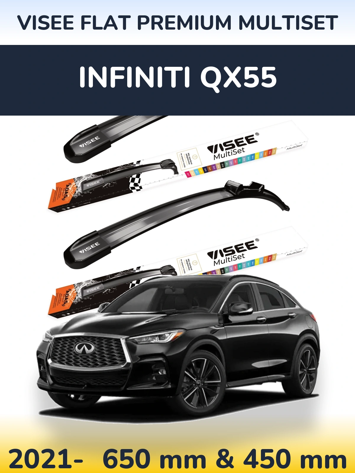 Комплект передних дворников VISEE FLAT PREMIUM MultiSet 650 & 450 мм для Infiniti QX55 2021-2026