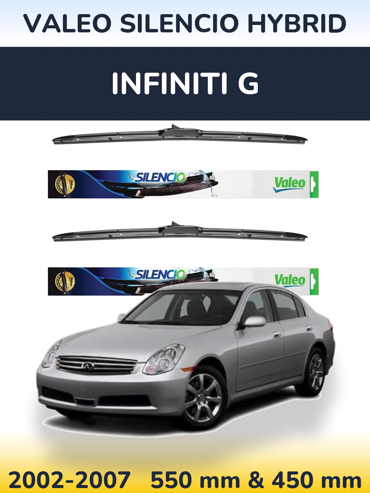 Komplet przednich wycieraczek Valeo Silencio Hybrid 550 & 450 mm do Infiniti G 2002-2007