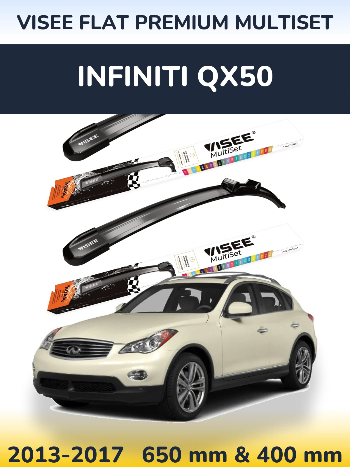 Комплект передних дворников VISEE FLAT PREMIUM MultiSet 650 & 400 мм для Infiniti QX50 2013-2017