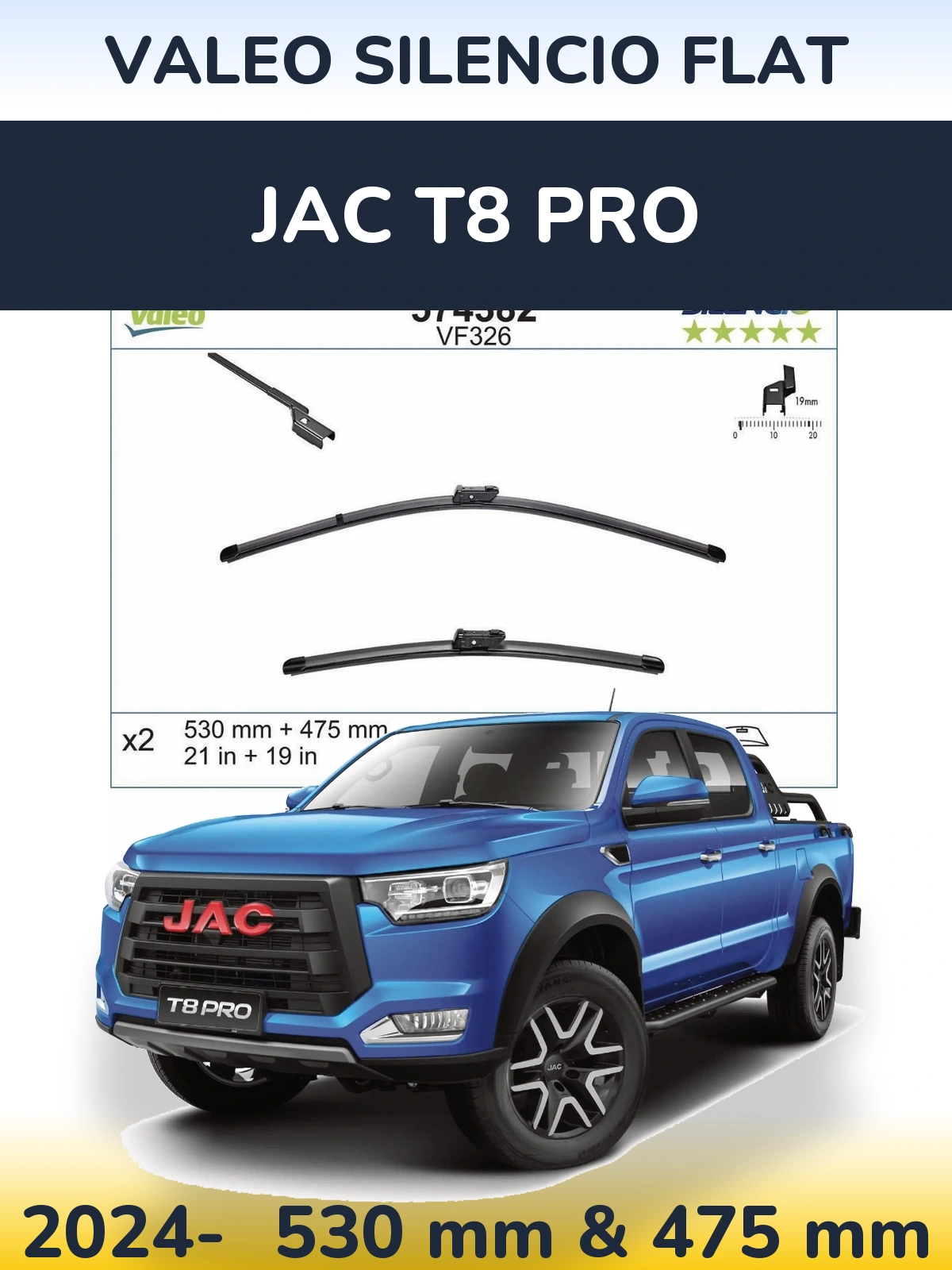 Komplet przednich wycieraczek Valeo Silencio Flat 530 & 475 mm do JAC T8 Pro 2024-2026
