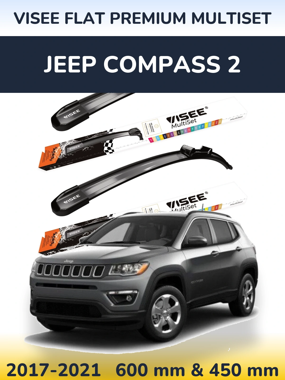 Front wiper blade set VISEE FLAT PREMIUM MultiSet 600 & 450 mm for Jeep Compass 2 2017-2021