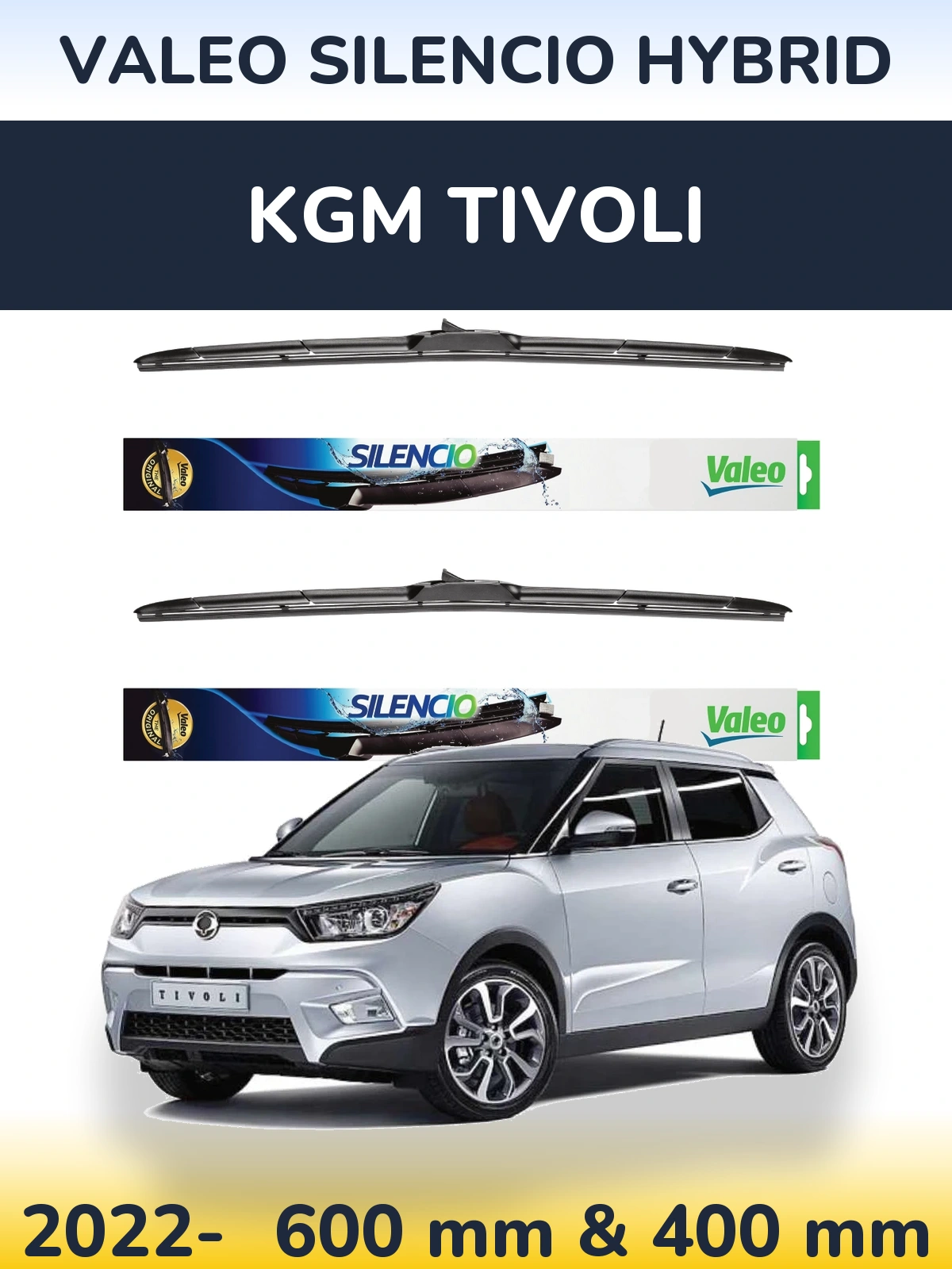 Komplet przednich wycieraczek Valeo Silencio Hybrid 600 & 400 mm do KGM Tivoli 2022-2026