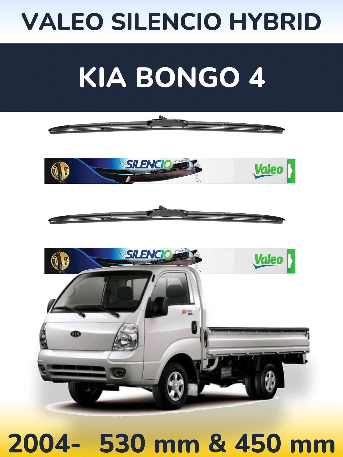 Front wiper blade set Valeo Silencio Hybrid 530 & 450 mm for KIA Bongo 4 2004-2026