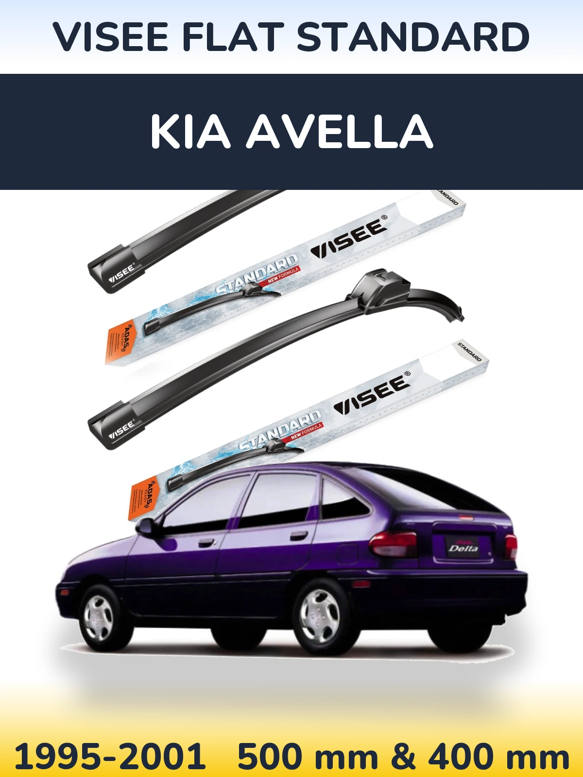 Front wiper blade set VISEE FLAT STANDARD 500 & 400 mm for KIA Avella 1995-2001