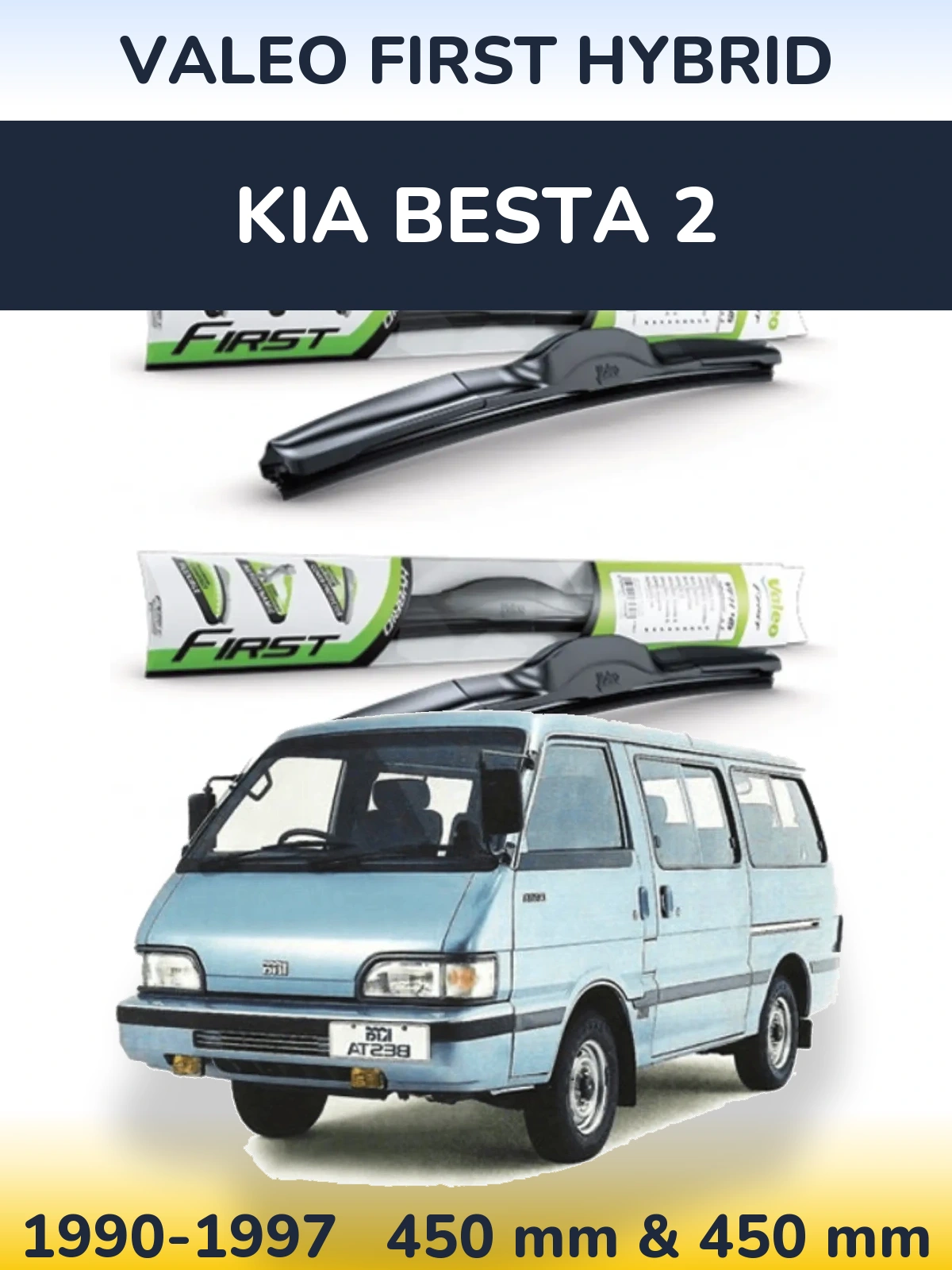 Front wiper blade set Valeo First Hybrid 450 & 450 mm for KIA Besta 2 1990-1997