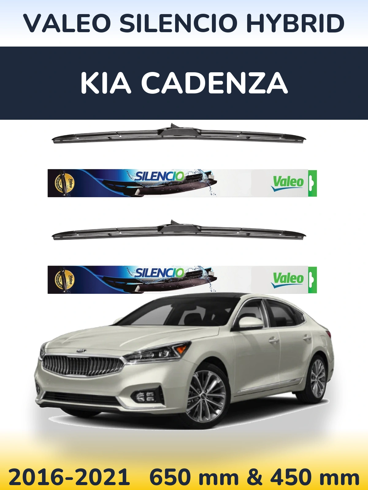 Front wiper blade set Valeo Silencio Hybrid 650 & 450 mm for KIA Cadenza 2016-2021