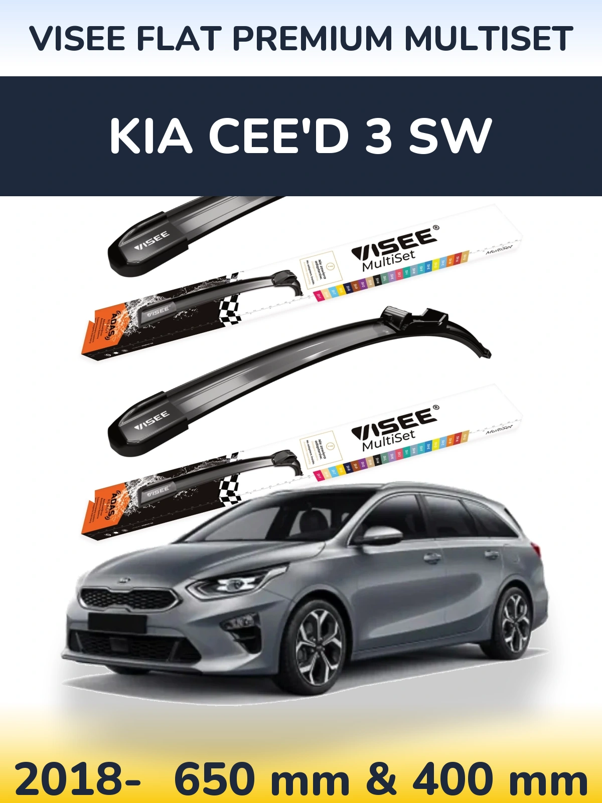 Komplet przednich wycieraczek VISEE FLAT PREMIUM MultiSet 650 & 400 mm do KIA Cee'd 3 SW 2018-2026