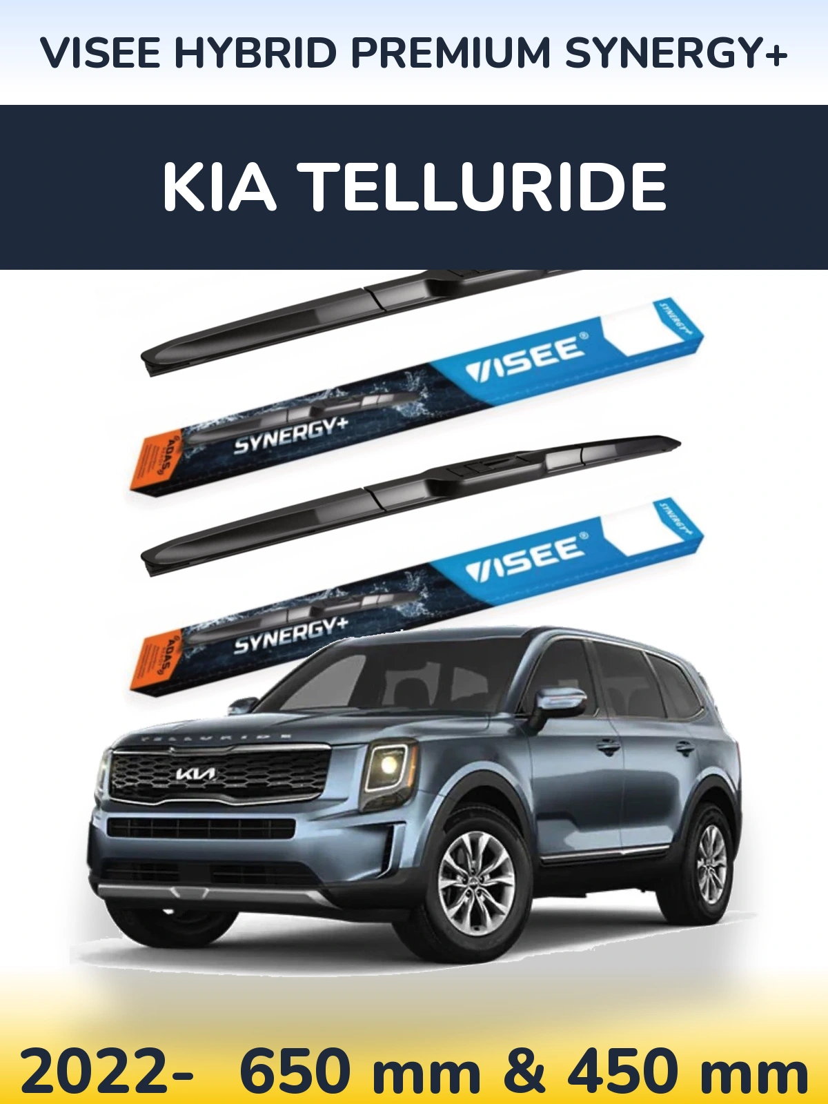 Front wiper blade set VISEE HYBRID PREMIUM SYNERGY+ 650 & 450 mm for KIA Telluride 2022-2026