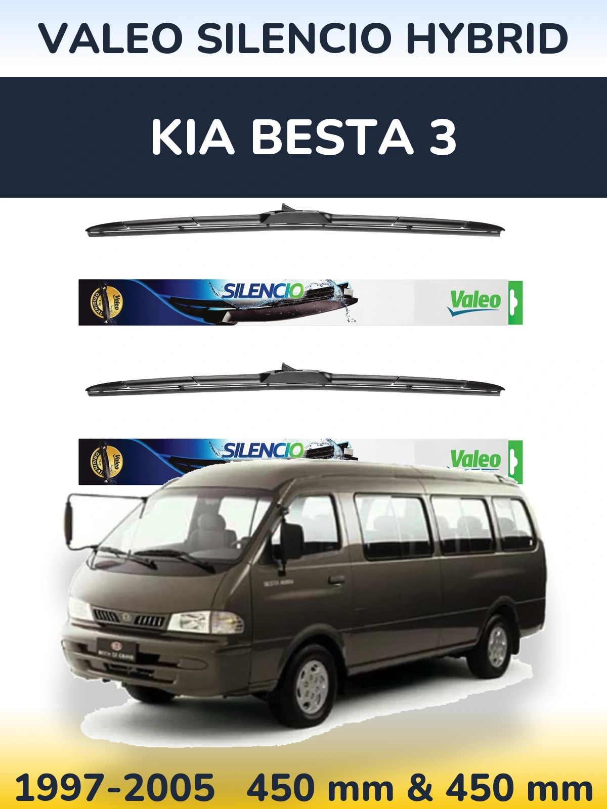 Komplet przednich wycieraczek Valeo Silencio Hybrid 450 & 450 mm do KIA Besta 3 1997-2005