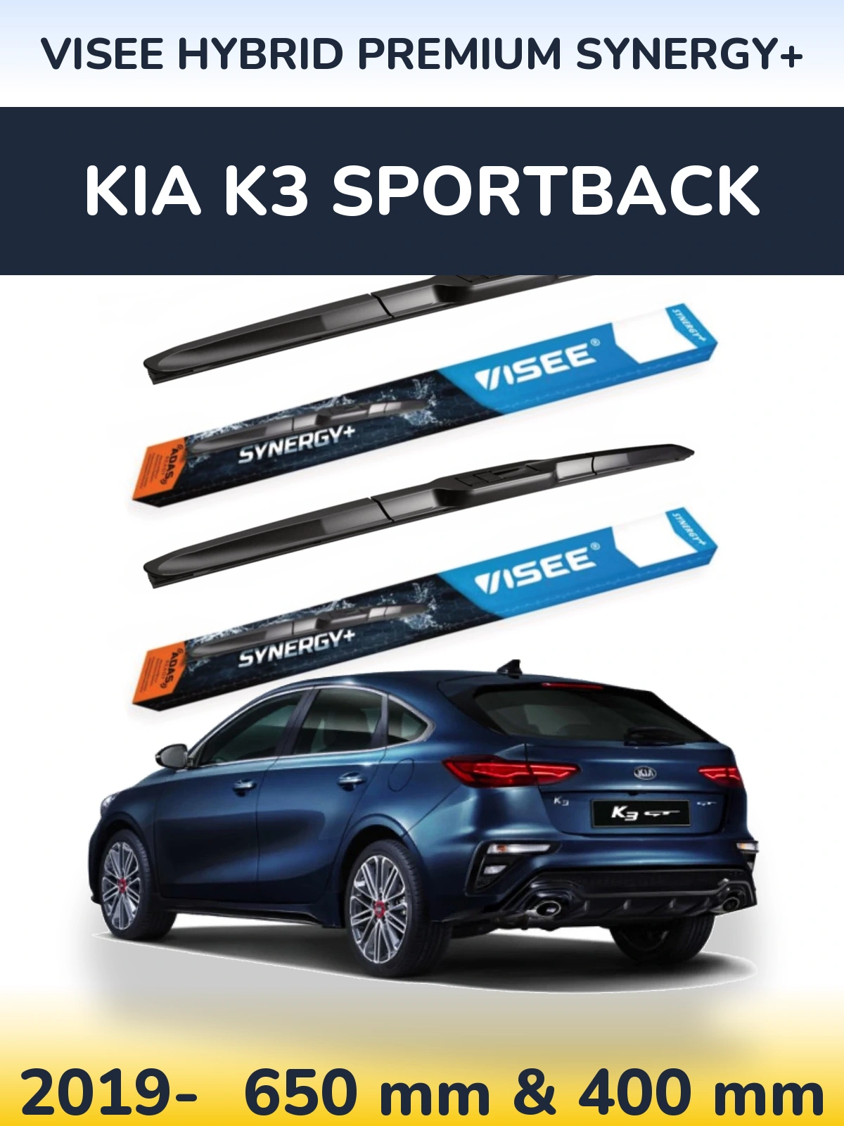 Komplet przednich wycieraczek VISEE HYBRID PREMIUM SYNERGY+ 650 & 400 mm do KIA K3 Sportback 2019-2026