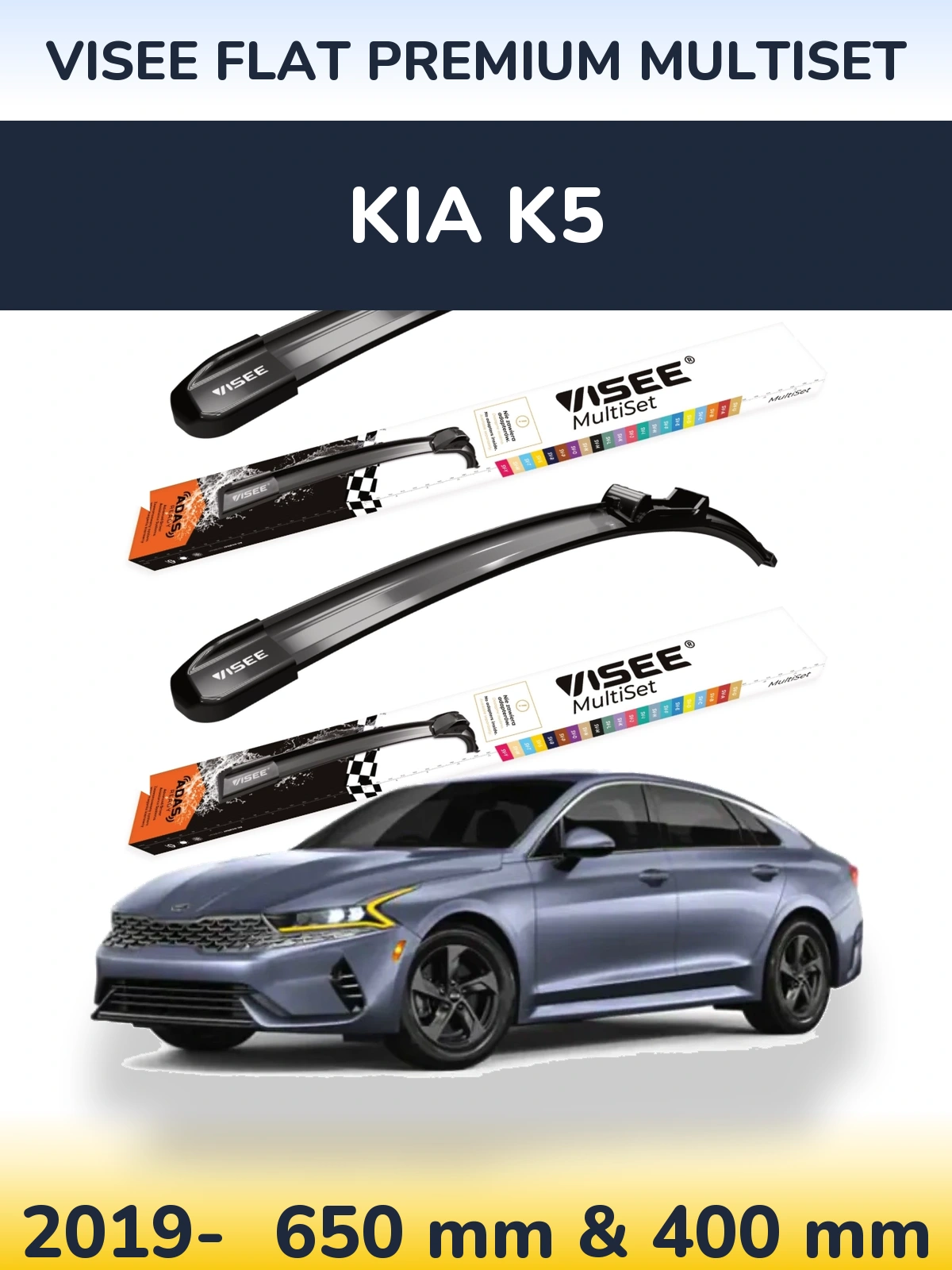 Komplet przednich wycieraczek VISEE FLAT PREMIUM MultiSet 650 & 400 mm do KIA K5 2019-2026