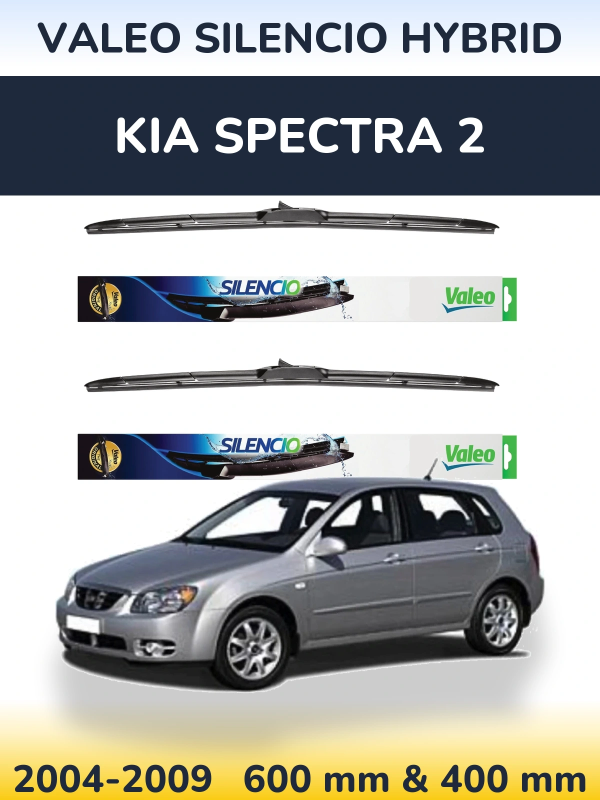 Front wiper blade set Valeo Silencio Hybrid 600 & 400 mm for KIA Spectra 2 2004-2009