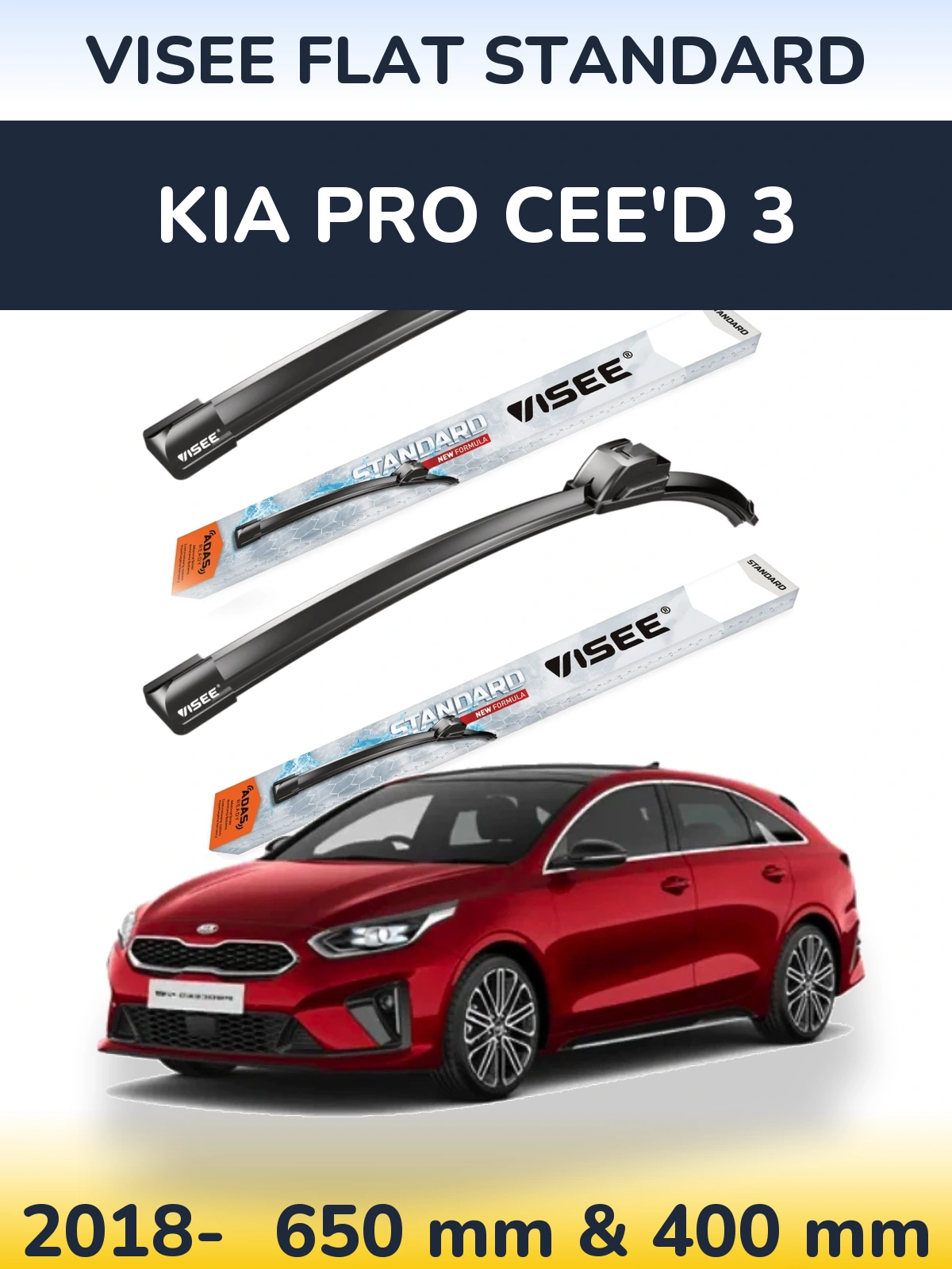 Front wiper blade set VISEE FLAT STANDARD 650 & 400 mm for KIA Pro Cee'd 3 2018-2026