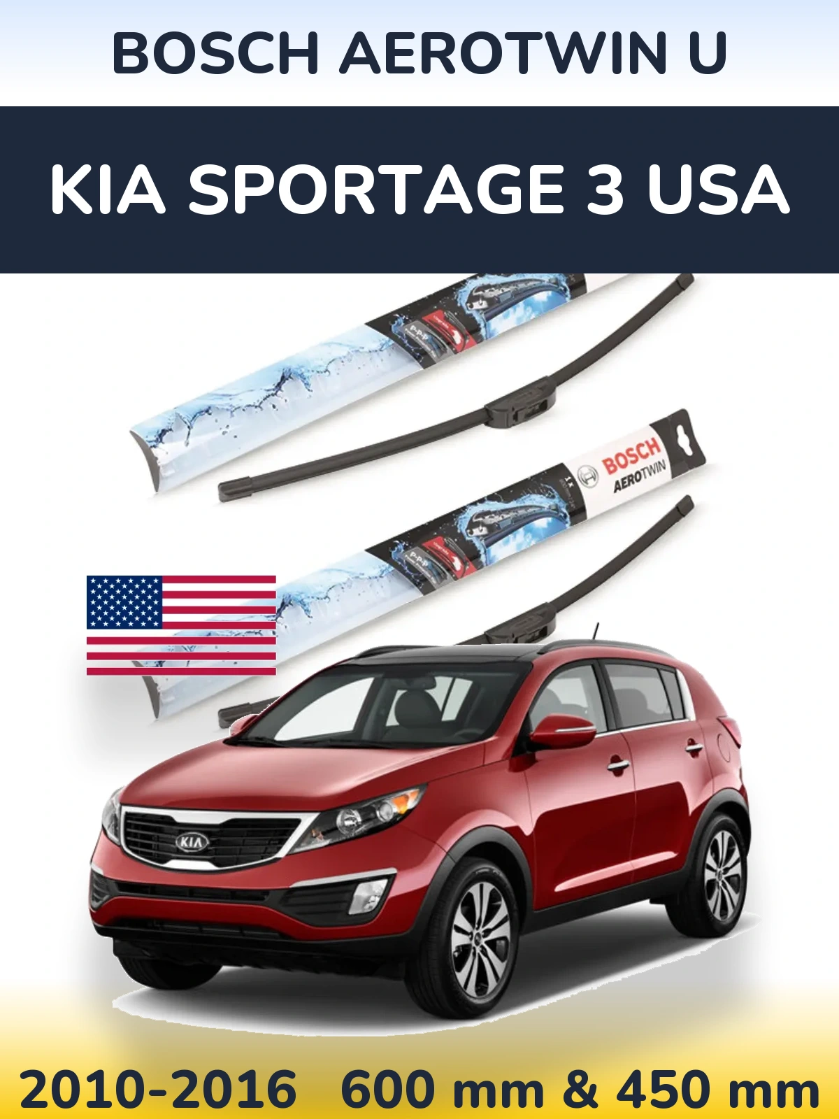 Komplet przednich wycieraczek BOSCH AeroTwin U 600 & 450 mm do KIA Sportage 3 USA 2010-2016