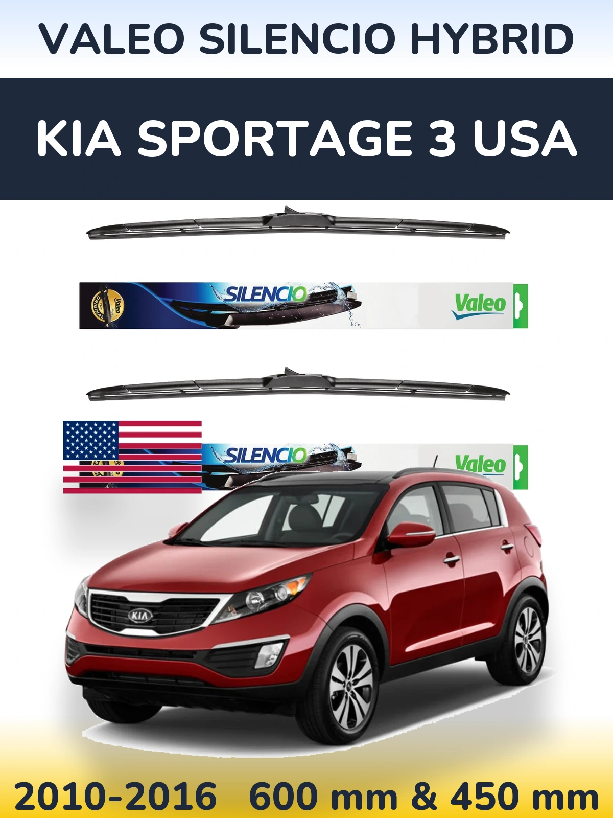 Komplet przednich wycieraczek Valeo Silencio Hybrid 600 & 450 mm do KIA Sportage 3 USA 2010-2016