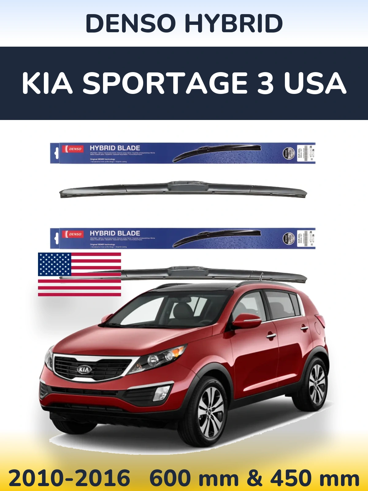 Komplet przednich wycieraczek Denso Hybrid 600 & 450 mm do KIA Sportage 3 USA 2010-2016