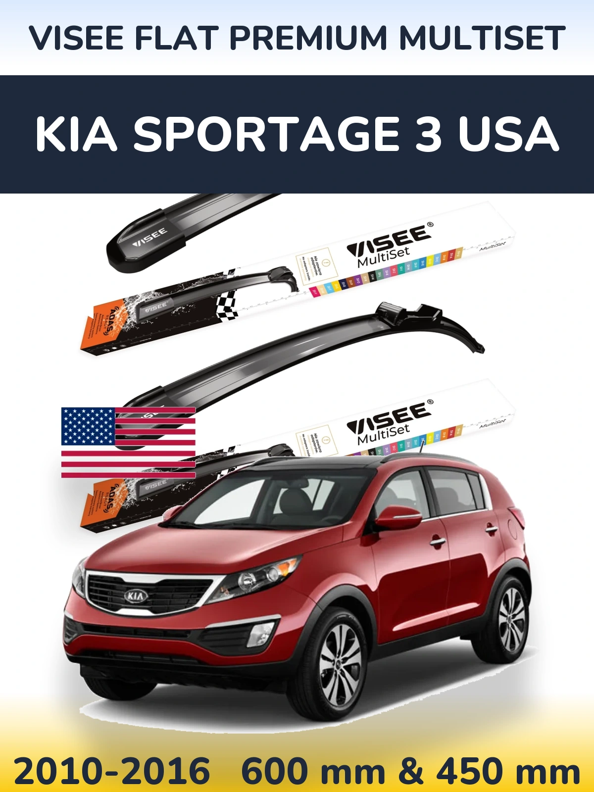 Komplet przednich wycieraczek VISEE FLAT PREMIUM MultiSet 600 & 450 mm do KIA Sportage 3 USA 2010-2016