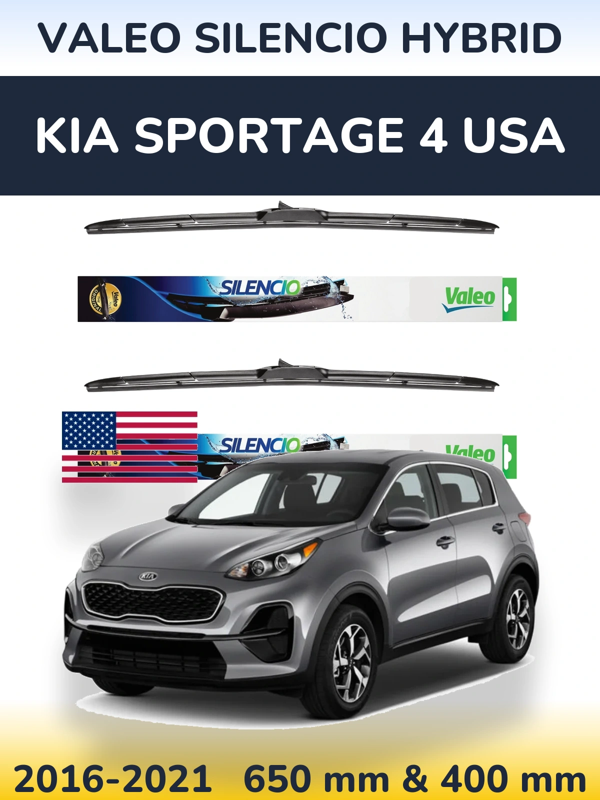 Комплект передних дворников Valeo Silencio Hybrid 650 & 400 мм для KIA Sportage 4 USA 2016-2021