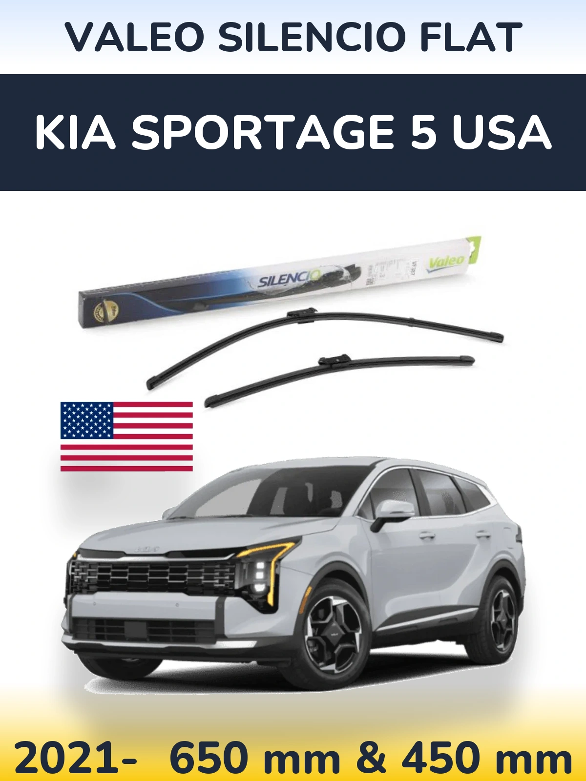 Komplet przednich wycieraczek Valeo Silencio Flat 650 & 450 mm do KIA Sportage 5 USA 2021-2026