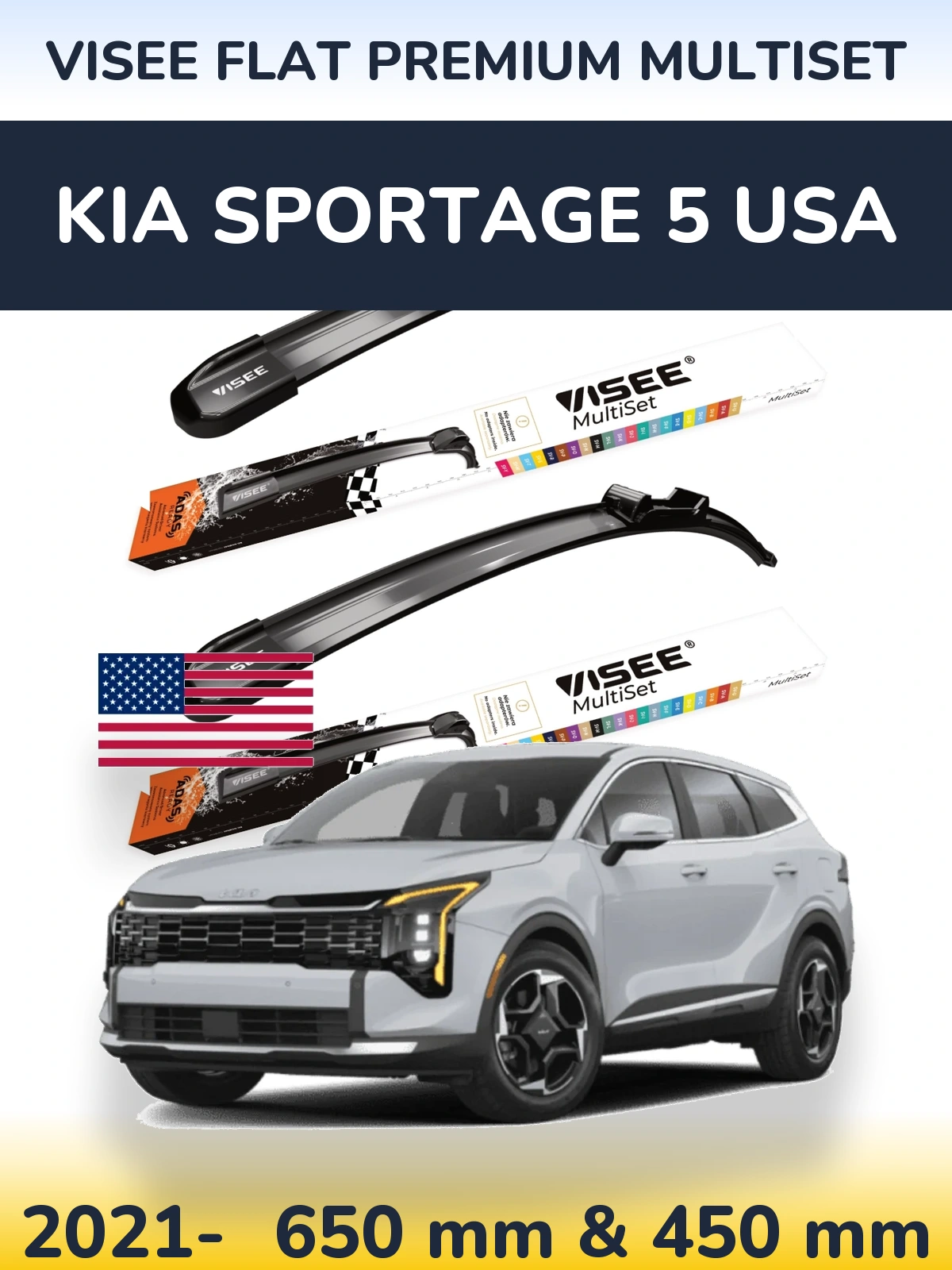 Комплект передних дворников VISEE FLAT PREMIUM MultiSet 650 & 450 мм для KIA Sportage 5 USA 2021-2026
