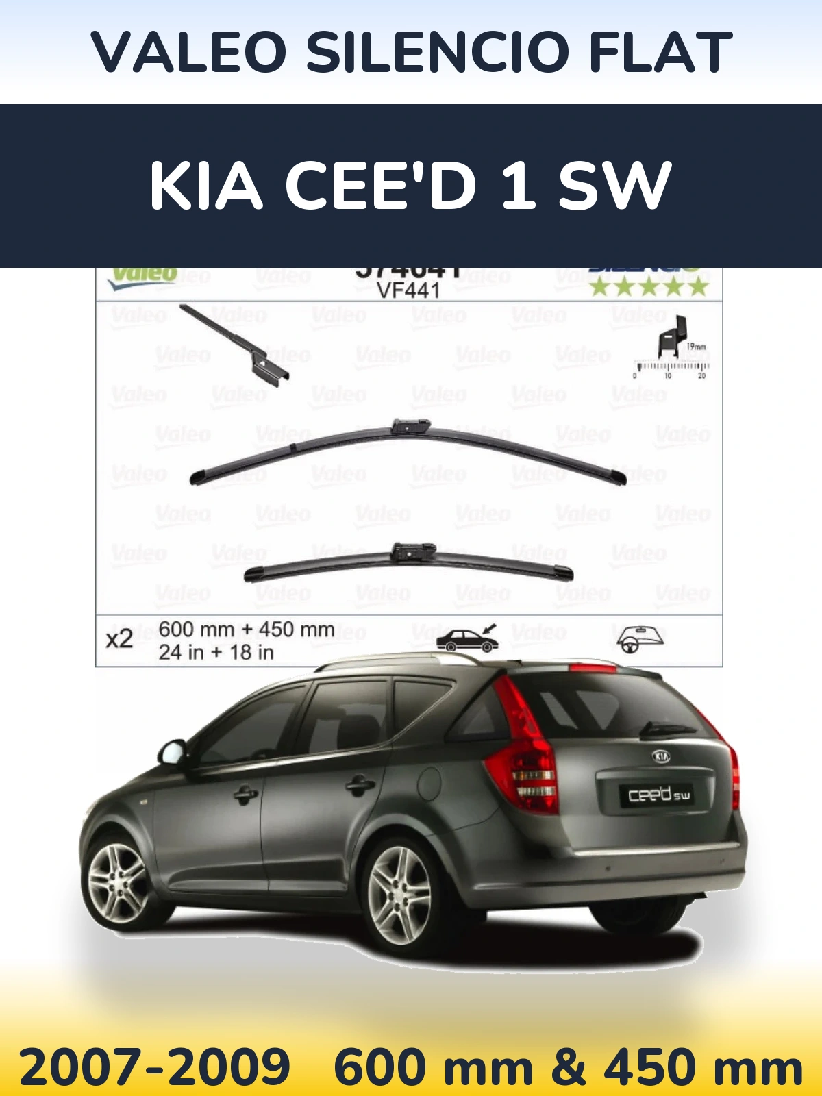 Комплект передних дворников Valeo Silencio Flat 600 & 450 мм для KIA Cee'd 1 SW 2007-2009