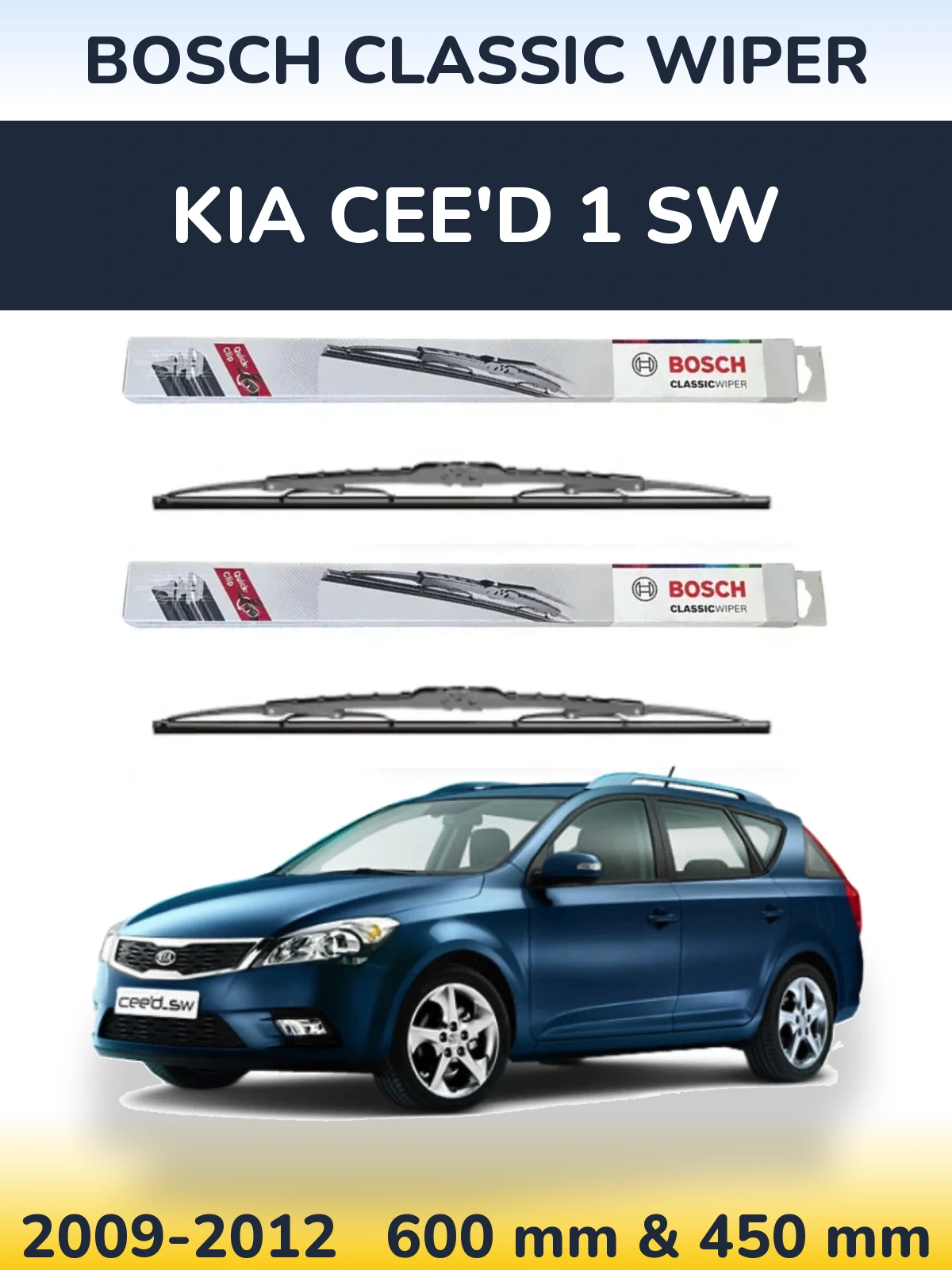 Front wiper blade set BOSCH Classic Wiper 600 & 450 mm for KIA Cee'd 1 SW 2009-2012