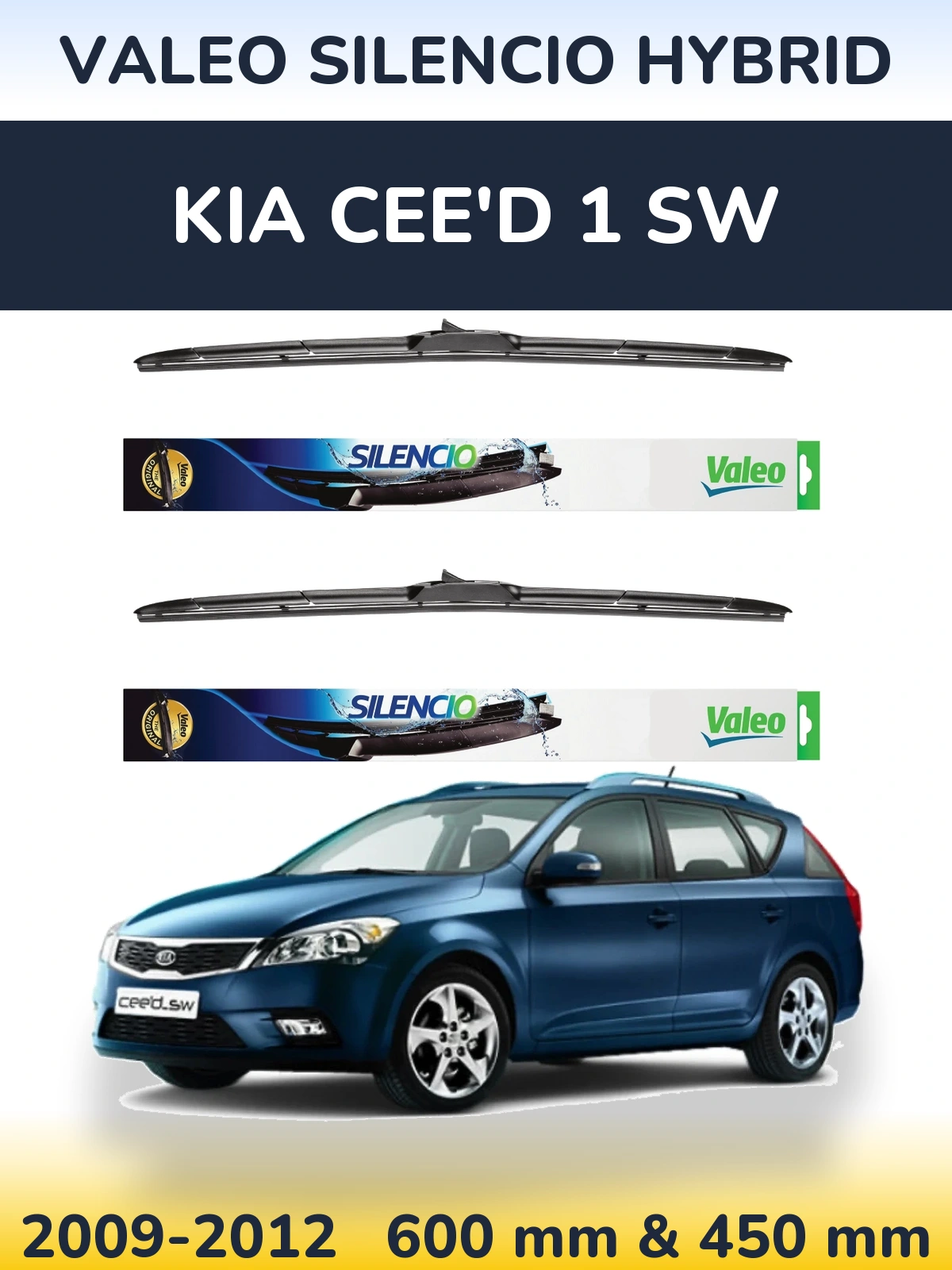 Front wiper blade set Valeo Silencio Hybrid 600 & 450 mm for KIA Cee'd 1 SW 2009-2012