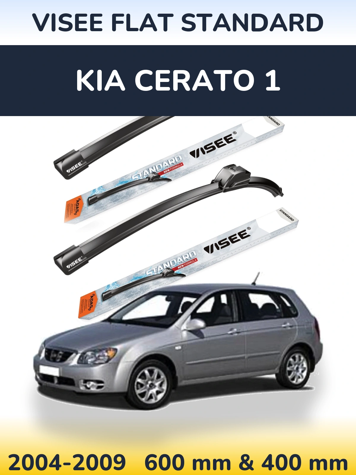 Front wiper blade set VISEE FLAT STANDARD 600 & 400 mm for KIA Cerato 1 2004-2009