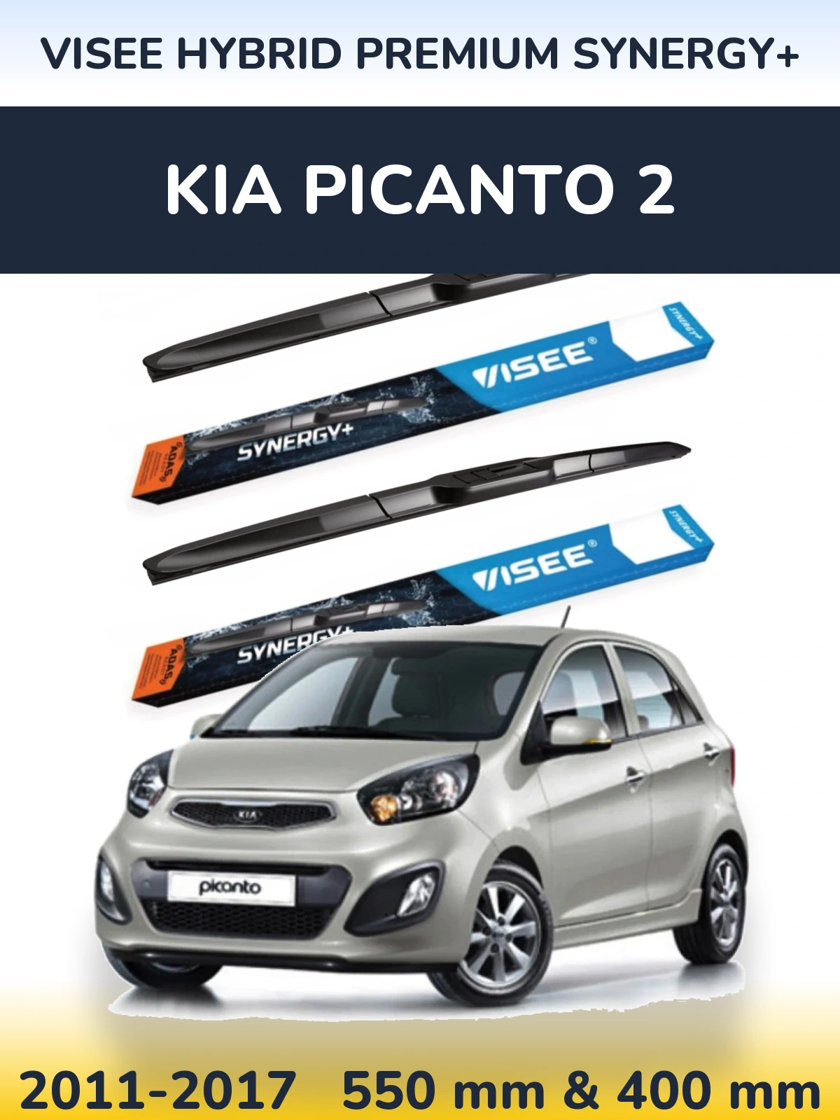 Front wiper blade set VISEE HYBRID PREMIUM SYNERGY+ 550 & 400 mm for KIA Picanto 2 2011-2017