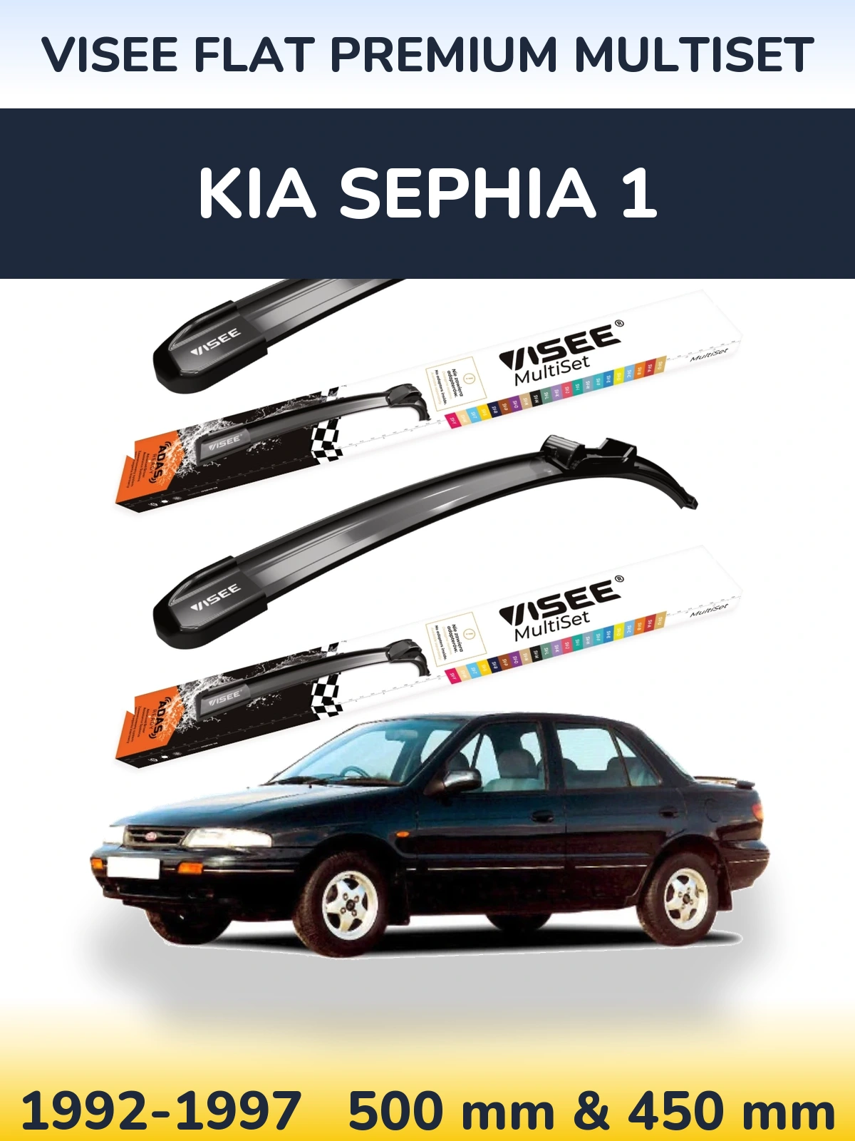 Front wiper blade set VISEE FLAT PREMIUM MultiSet 500 & 450 mm for KIA Sephia 1 1992-1997