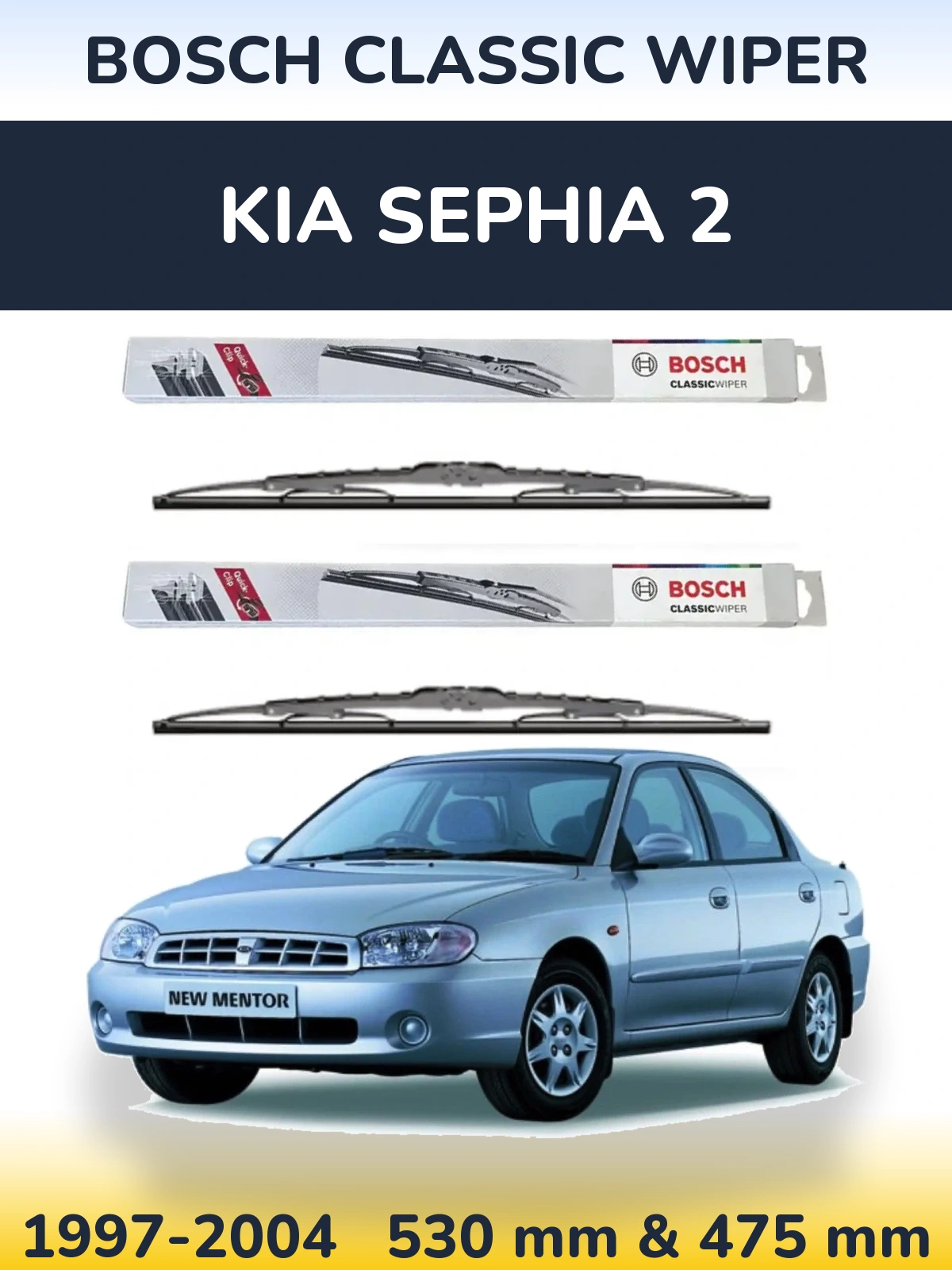 Front wiper blade set BOSCH Classic Wiper 530 & 475 mm for KIA Sephia 2 1997-2004
